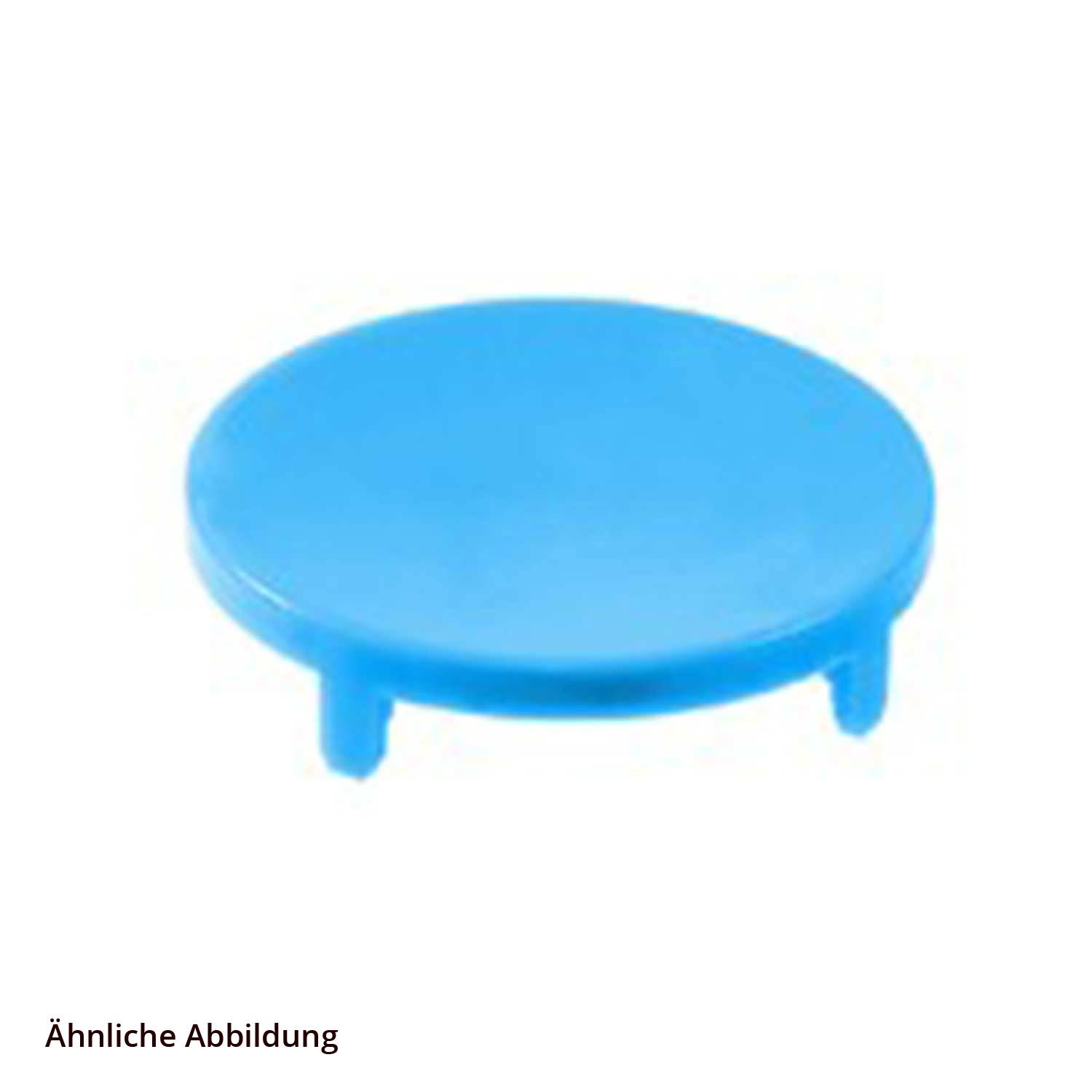 Ein ähnliches Bild zeigt eine blaue kreisförmige Kappe mit drei kurzen Beinen auf weißem Hintergrund.