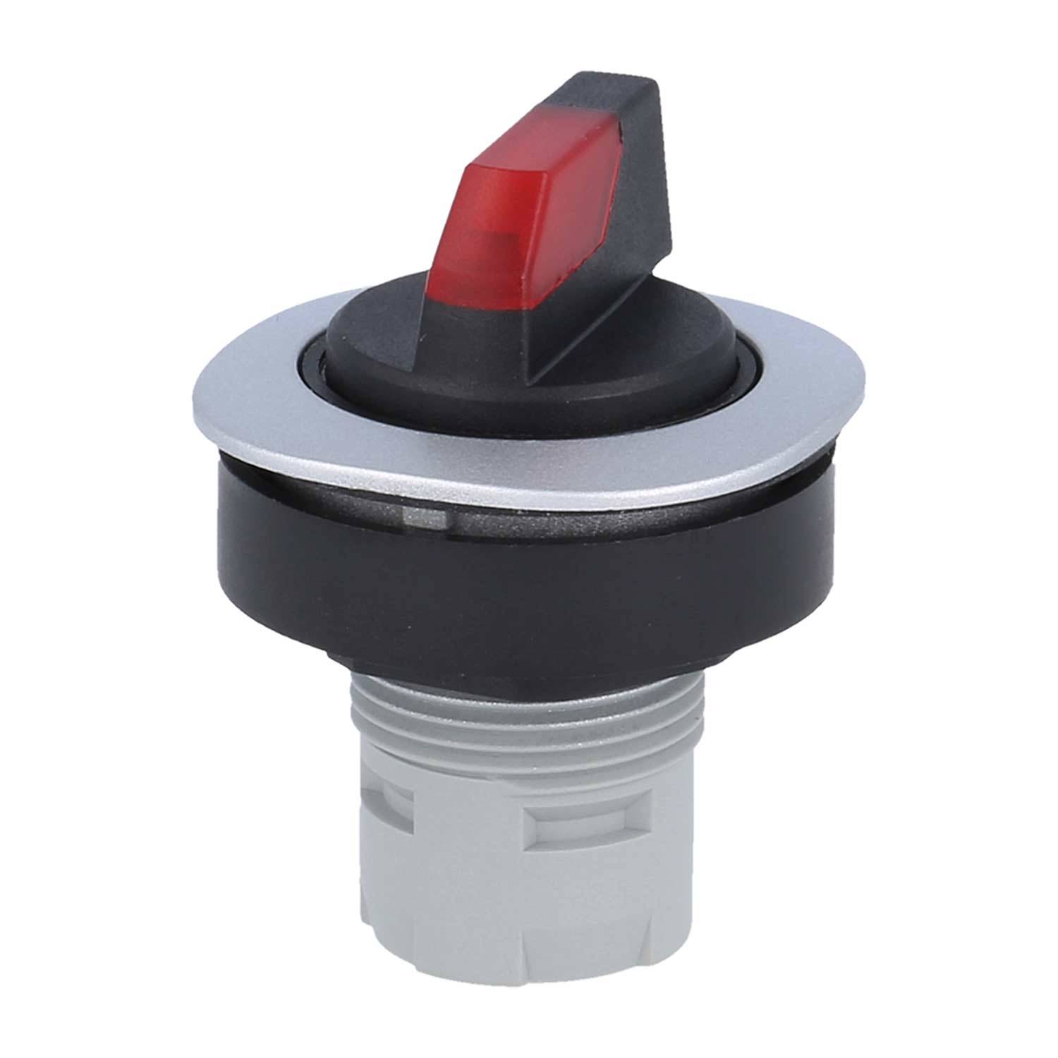 Ein schwarzer und silberner Kippschalter mit rotem Indikator, konzipiert für die Verwendung in Elektrotafeln. Er verfügt über eine gewindete Basis für die Installation.