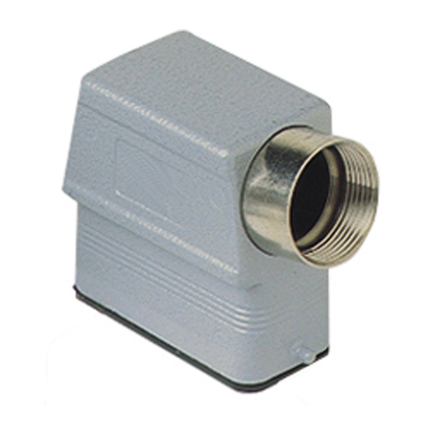 Ein grauer industrieller Verbinder mit einer metallischen kreisförmigen Öffnung an der Seite, der für elektrische Anwendungen verwendet wird.