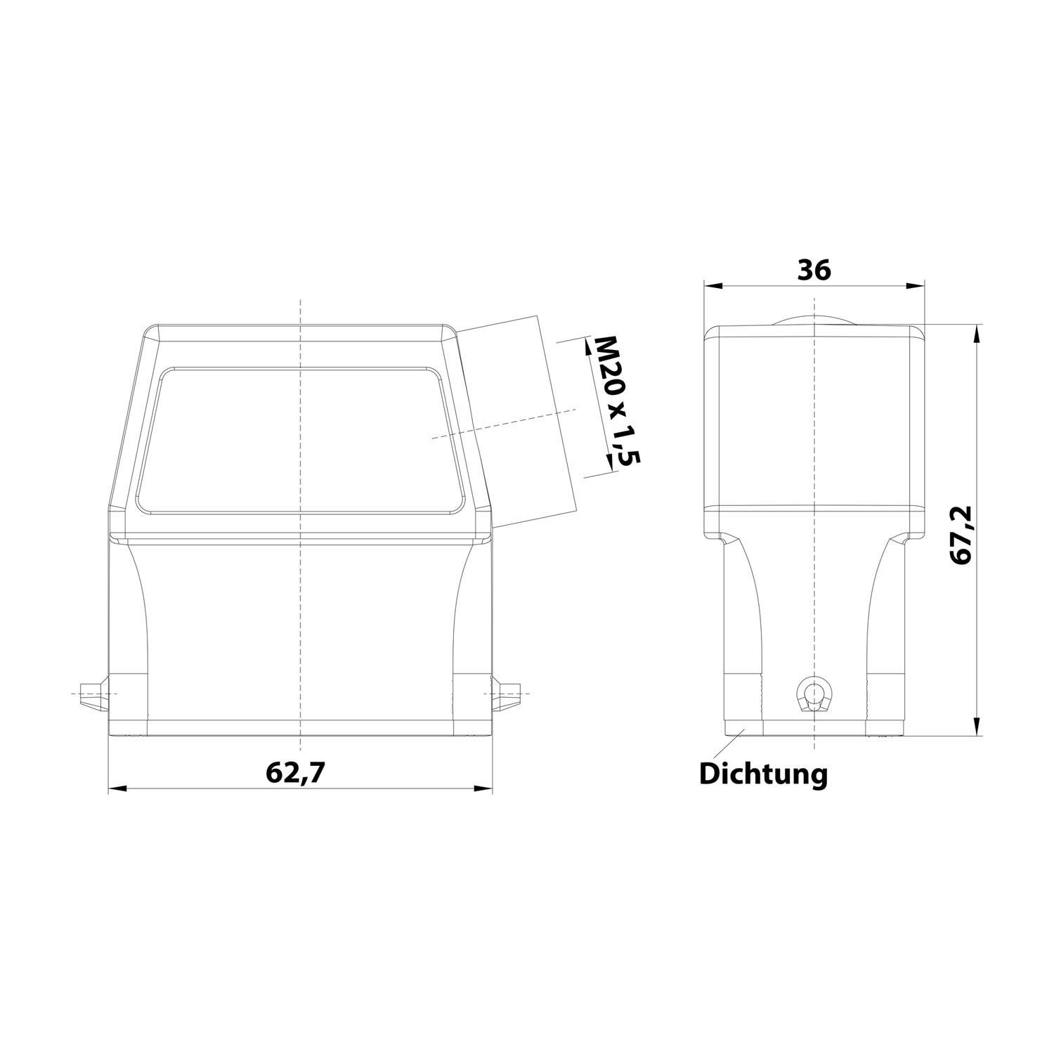 Technische Zeichnung mit Darstellung eines Geräts in Vorder- und Seitenansicht. Abmessungen: Breite 62,7 mm, Höhe 67,2 mm, Tiefe 36 mm. Beschriftungen: 'Dichtung' und 'M20 x 1,5'.