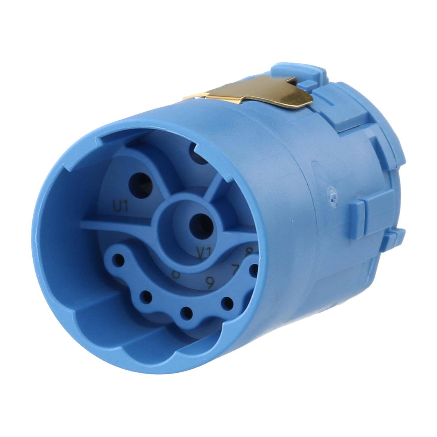 Eine blaue zylindrische elektrische Verteilerdose mit mehreren Innenkompartimenten, die zur sicheren Organisation und Verbindung von Kabeln verwendet wird.