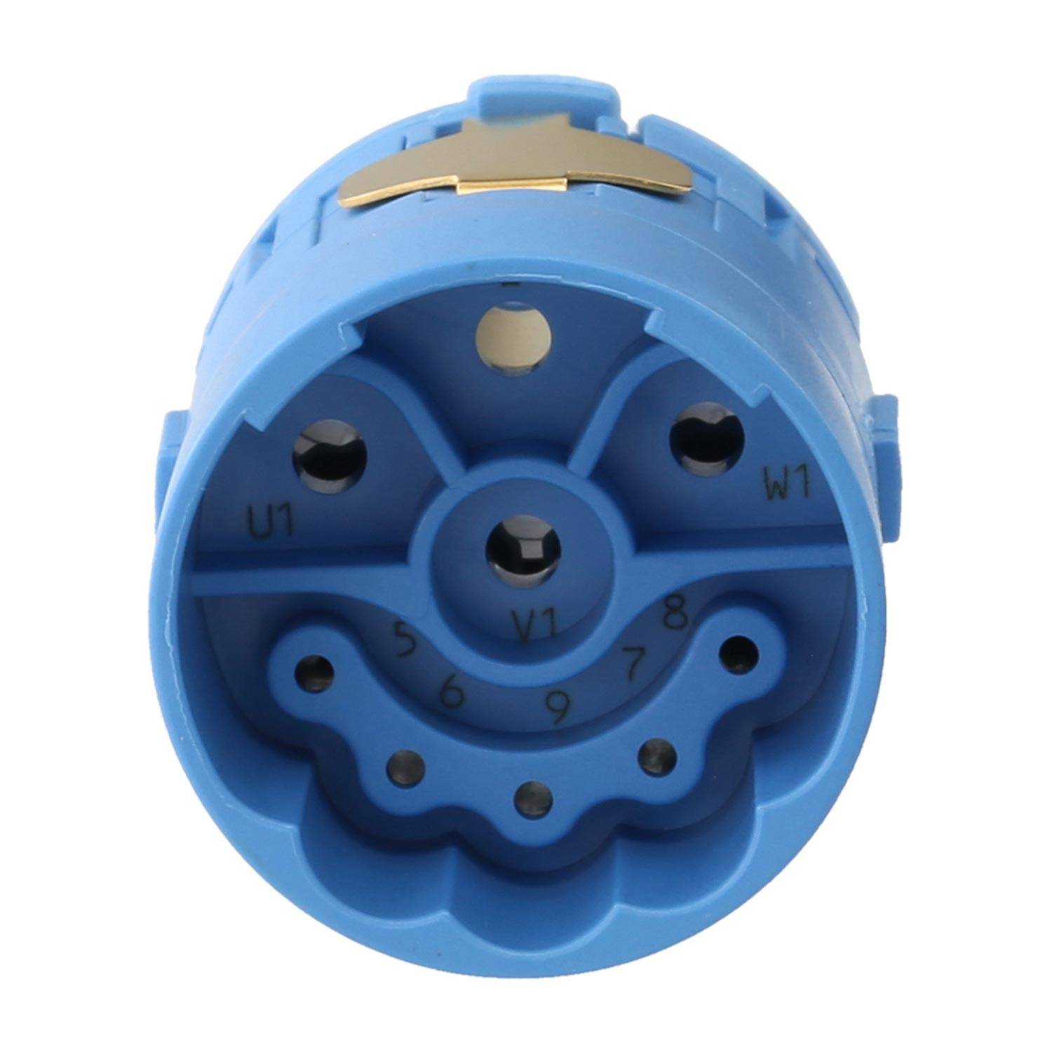 Ein blauer kreisförmiger elektrischer Stecker mit sechs Kontakten, beschriftet mit U1, U2, V1, V2, W1, W2, der zum Anschluss elektrischer Geräte entwickelt wurde.