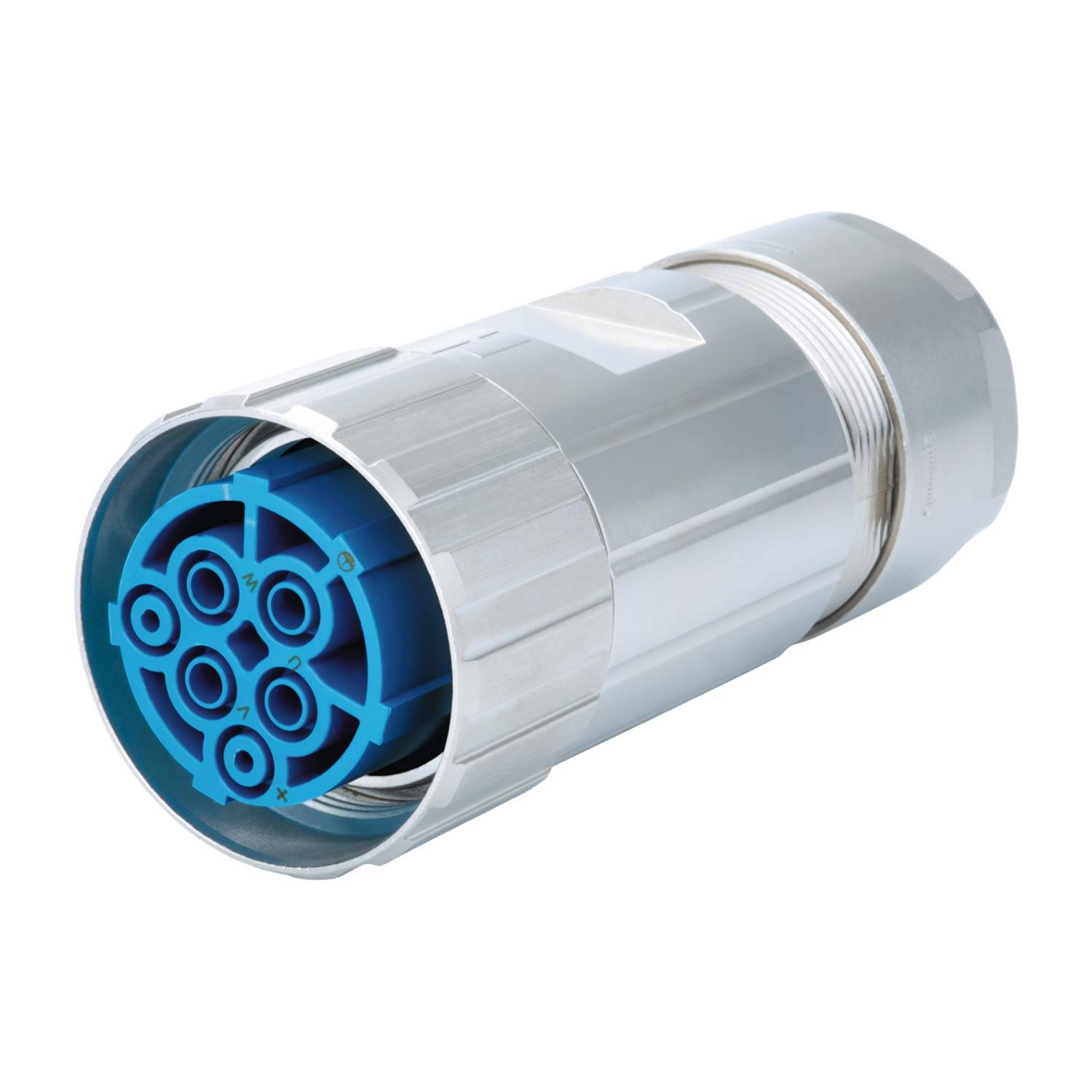 Nahaufnahme eines silbernen industriellen Verbindungsstücks mit blauem Innenbereich und mehreren Kontaktstiften, verwendet für elektrische Verbindungen in Maschinen.