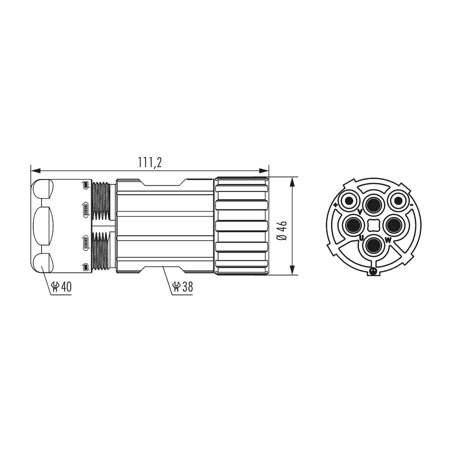 Technische Zeichnung eines zylindrischen Verbinders mit Abmessungen: Länge 111,2 mm, Durchmesser 46 mm. Seiten- und Querschnittsansichten dargestellt.