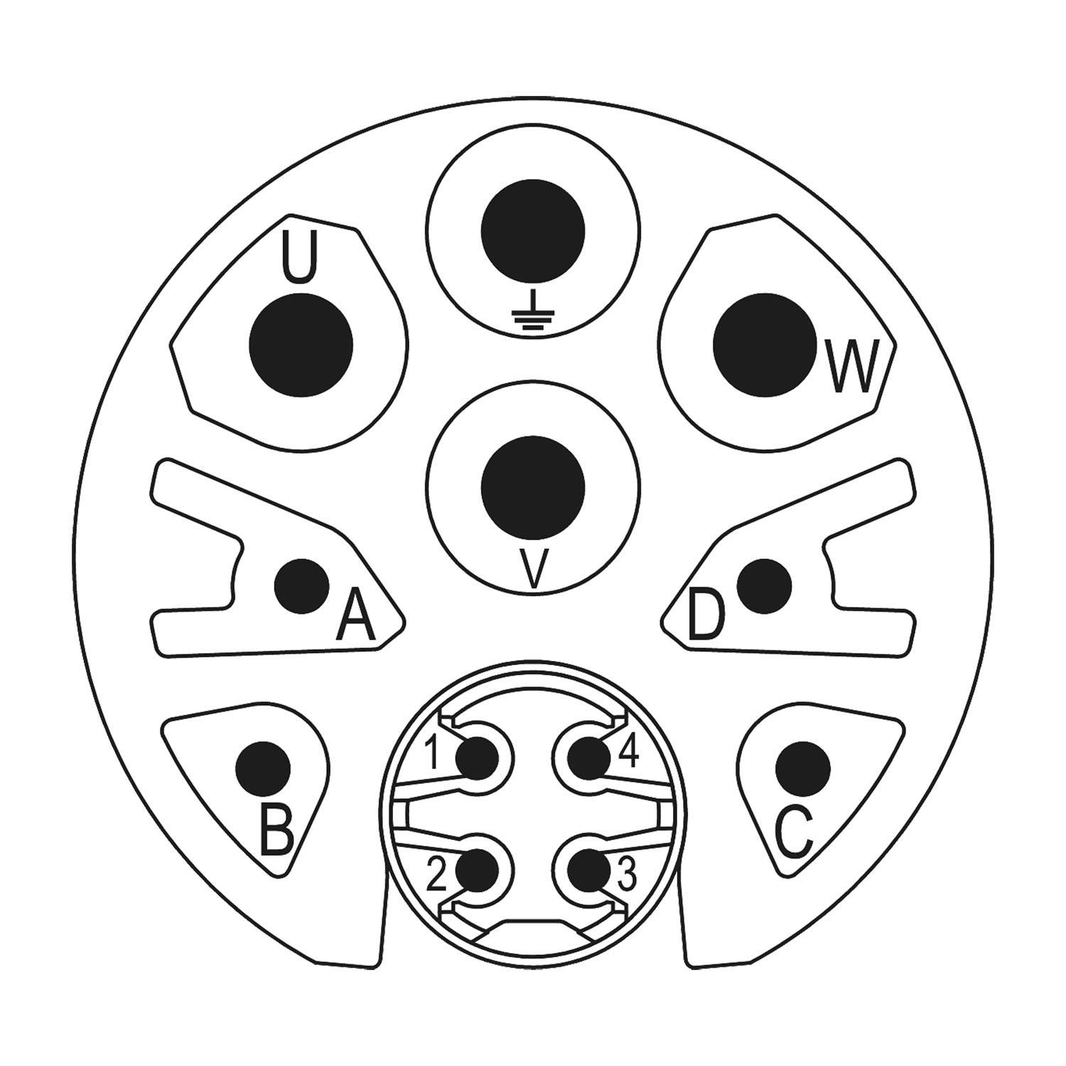 Diagramm einer kreisförmigen 7-poligen Steckdosenbuchse mit Pinbelegungen, beschriftet mit U, V, W, A, B, C, D, Erde und den Nummern 1-4.