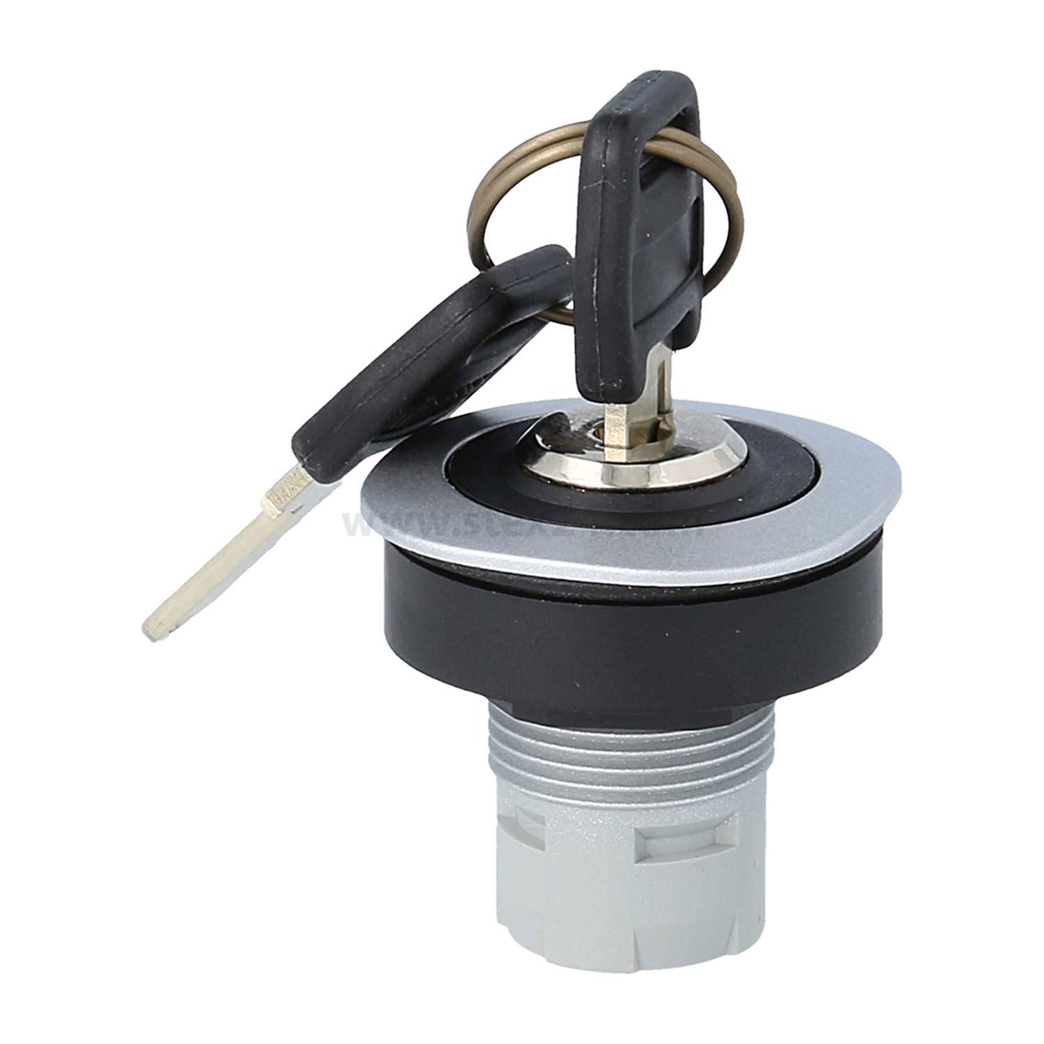 Ein Schlüssel, der in einen zylindrischen Schließmechanismus eingeführt wird, mit einem weiteren Schlüssel, der durch einen Ring befestigt ist, deutet auf eine Sicherheitseinrichtung oder einen Entsperrungsvorgang hin.