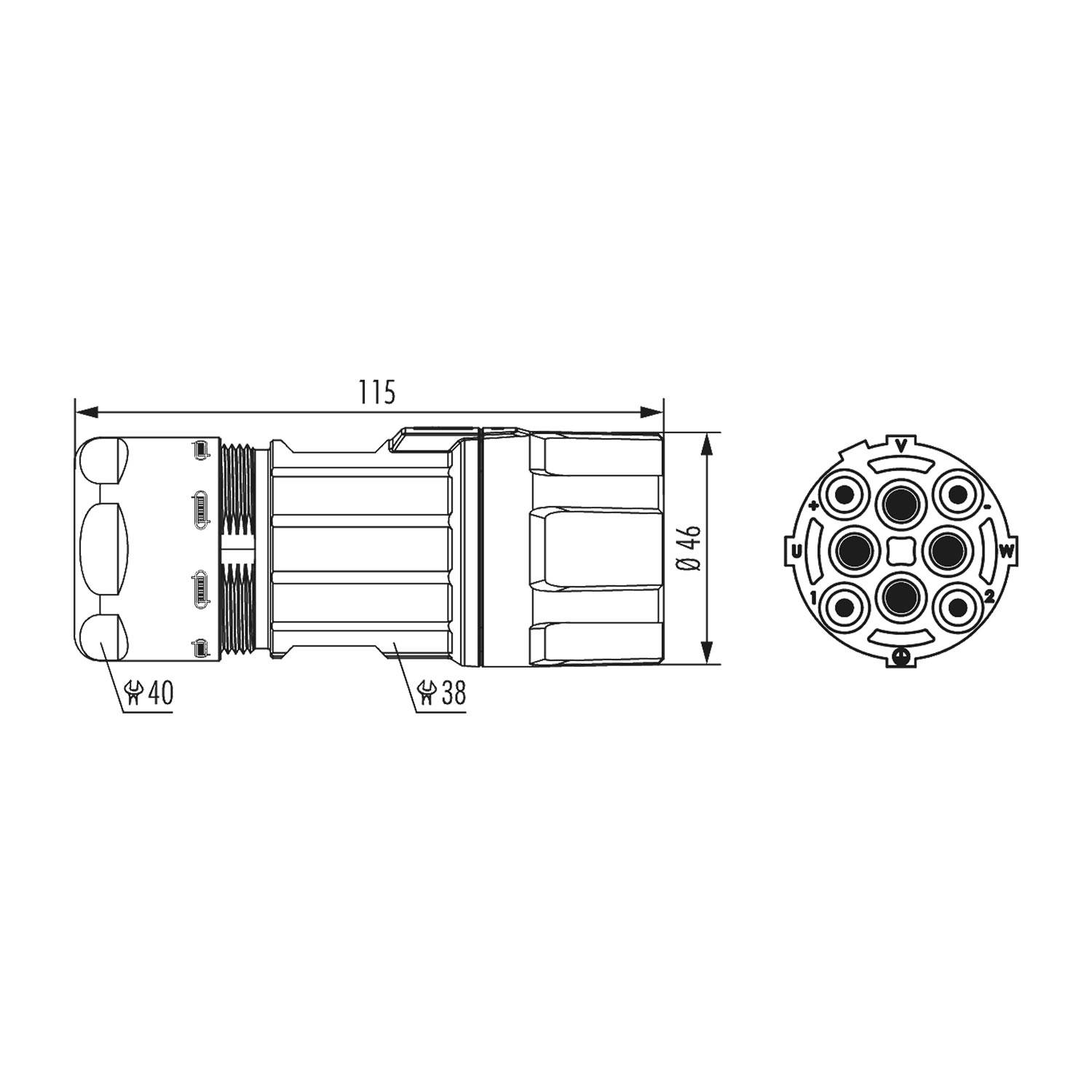 Technische Zeichnung einer zylindrischen Komponente, Abmessungen beschriftet: Länge 115 mm, Durchmesser 40 mm und 38 mm, mit Mehrfachsteckverbinder.