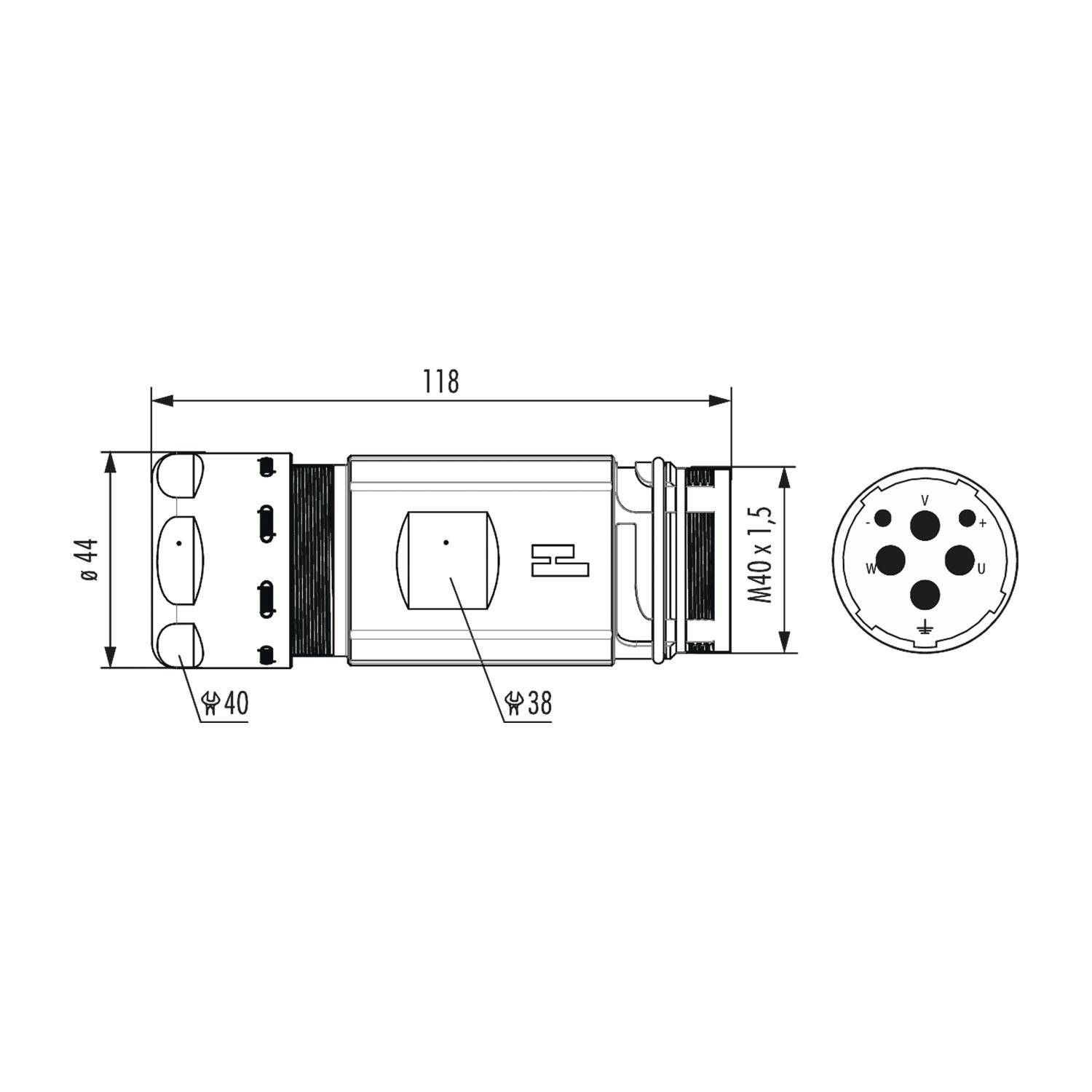 Technische Zeichnung eines zylindrischen Steckverbinders mit Schlüsseldimensionen: Länge 118 mm, Durchmesser 44 mm, 4-polige Konfiguration, M40 x 1,5 Gewinde.