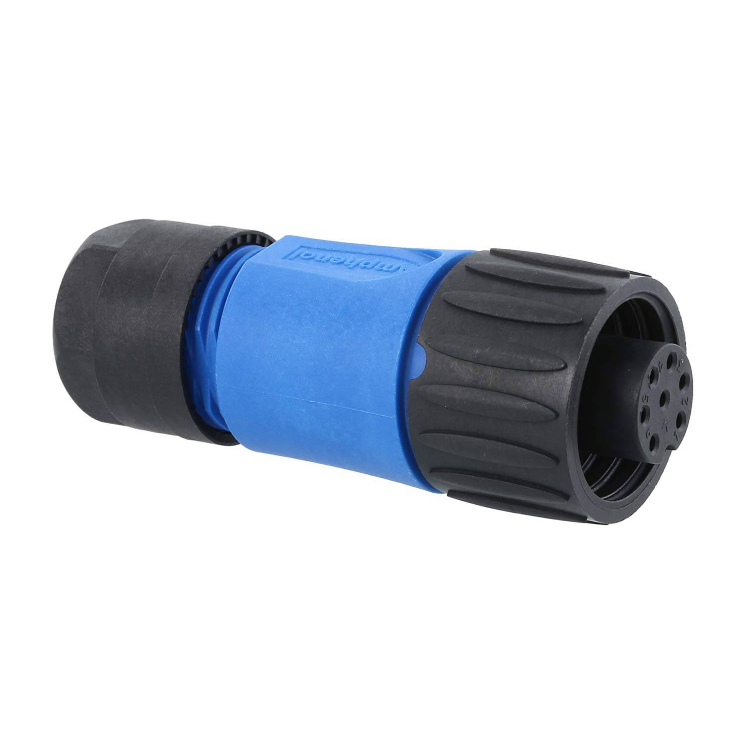 Ein schwarzer und blauer zylindrischer elektrischer Verbinder mit gerippter Textur und mehreren Pinholes an einem Ende.