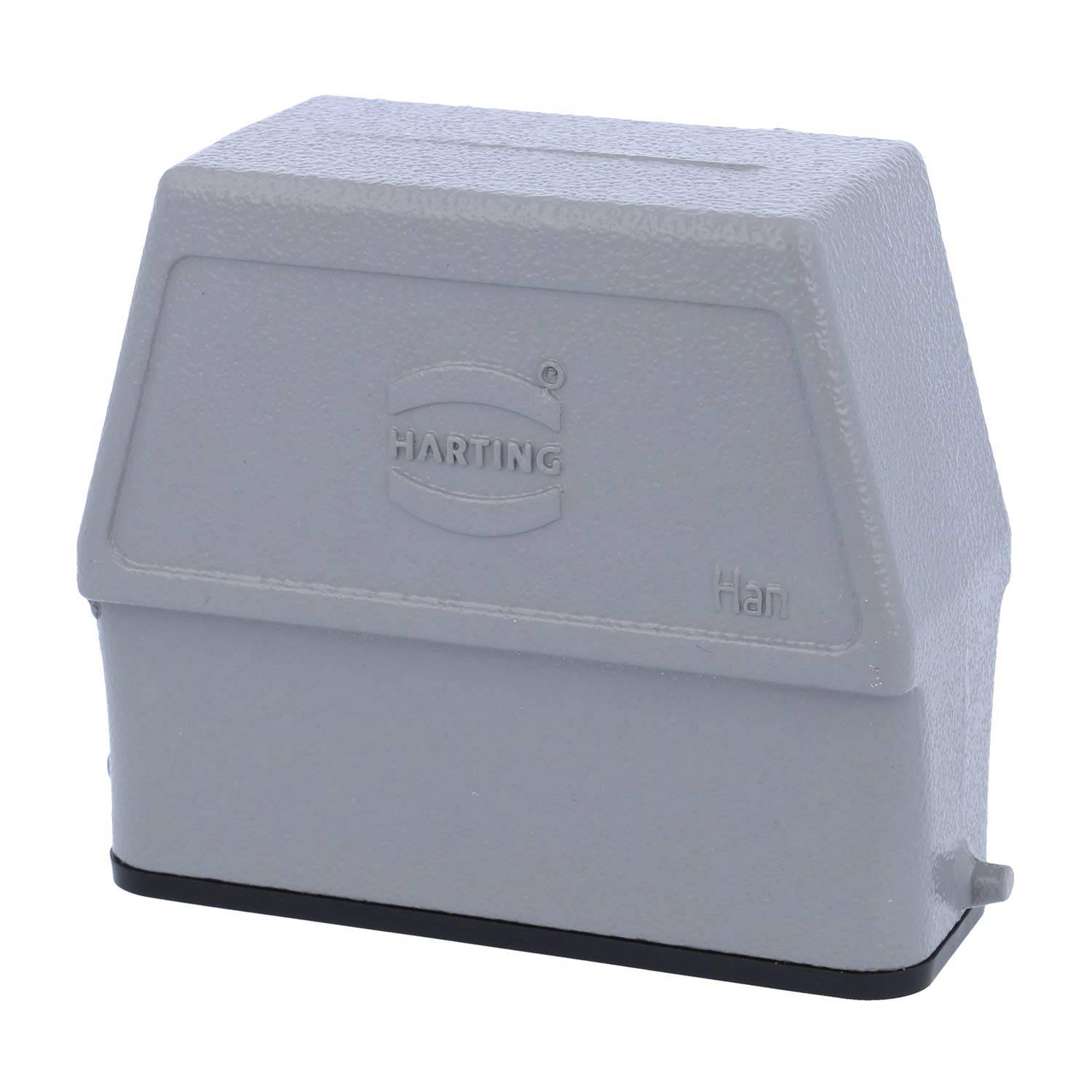 Ein graues Anschlussgehäuse, seitlich mit der Aufschrift 