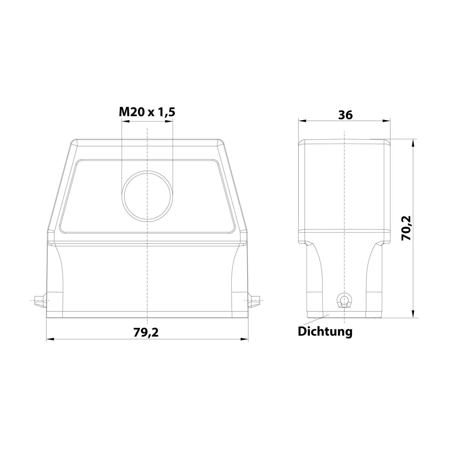 Eine technische Zeichnung eines rechteckigen Bauteils mit Maßen: Breite 79,2 mm, Höhe 70,2 mm, Tiefe 36 mm. Beinhaltet M20 x 1,5 Markierung.