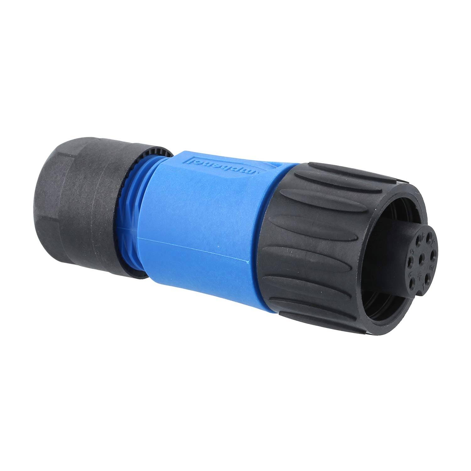 Ein schwarzer und blauer Kabelanschluss mit einer zylindrischen Form, versehen mit gerillten Griffflächen und Text, der auf dem blauen Abschnitt eingeprägt ist.