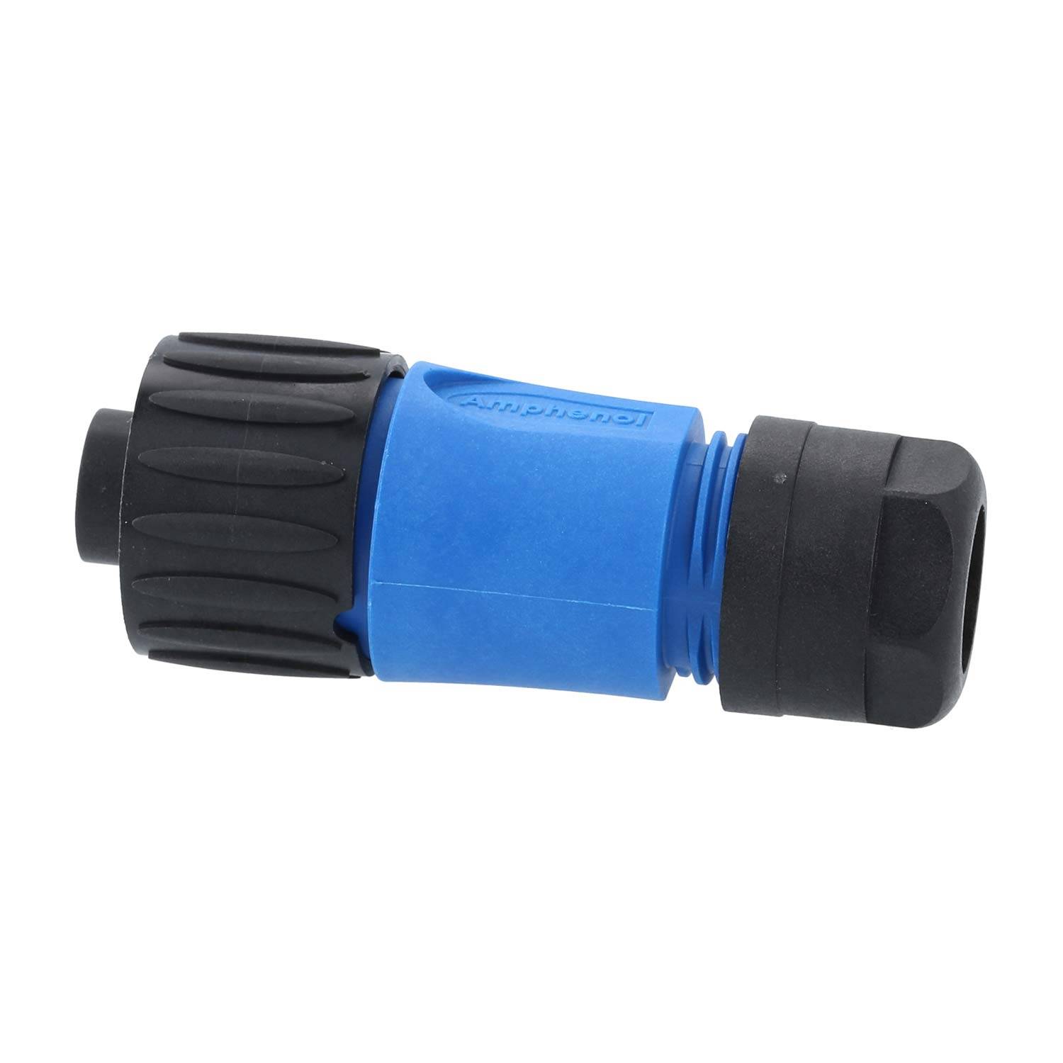 Ein blau-schwarzer Kabelstecker mit gerillten Griffen, entwickelt für sichere elektrische Verbindungen in Audio- oder elektronischen Geräten.