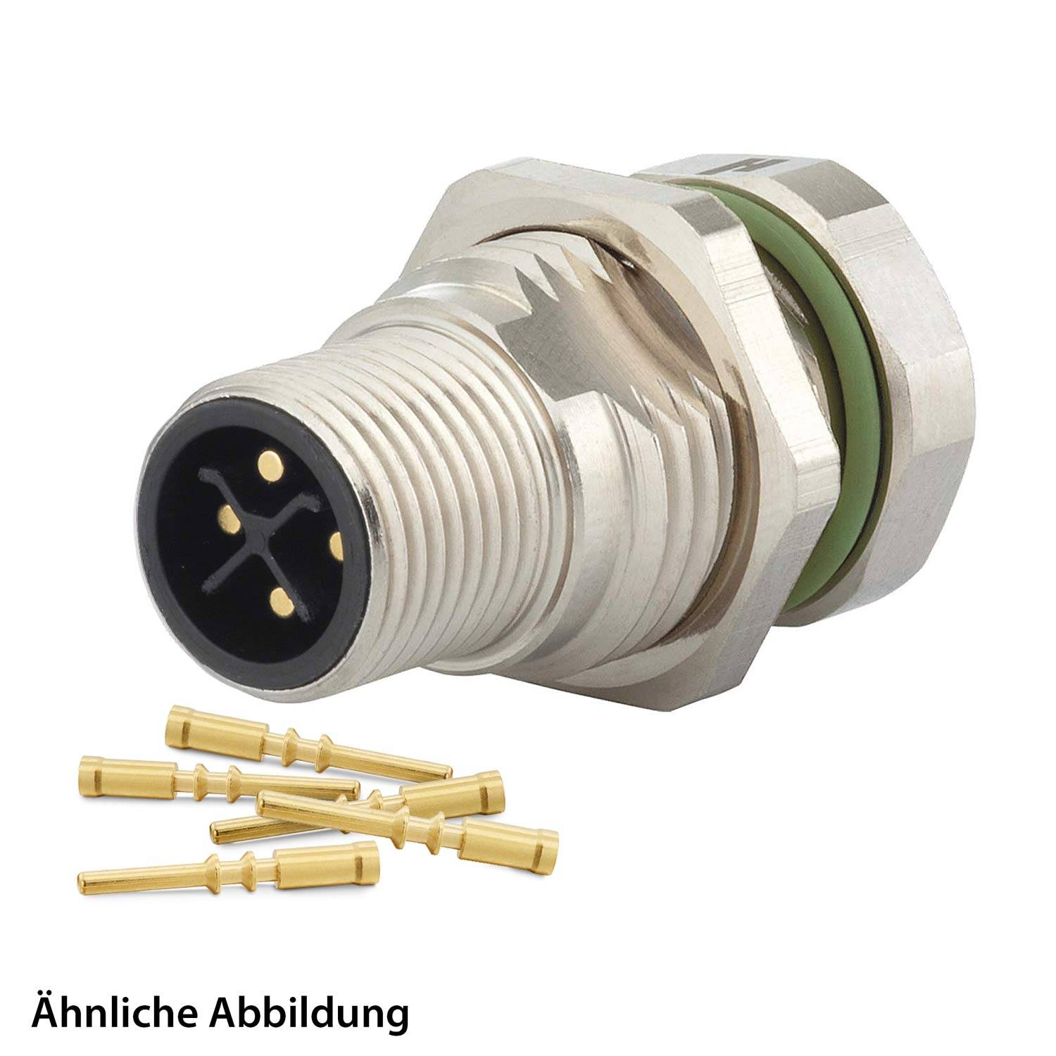 Ein M12-Metallstecker mit einer schwarzen kreisförmigen Buchse, begleitet von sechs Goldstiften. Der Text darunter lautet „Ähnliche Abbildung