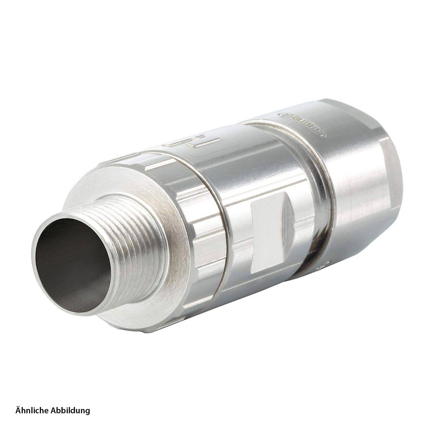 Durchflussmesser-Metallbauteil mit Gewindeanschluss zur Flüssigkeitsmessung. Zylindrische Konstruktion mit teilweise transparentem Gehäuse.