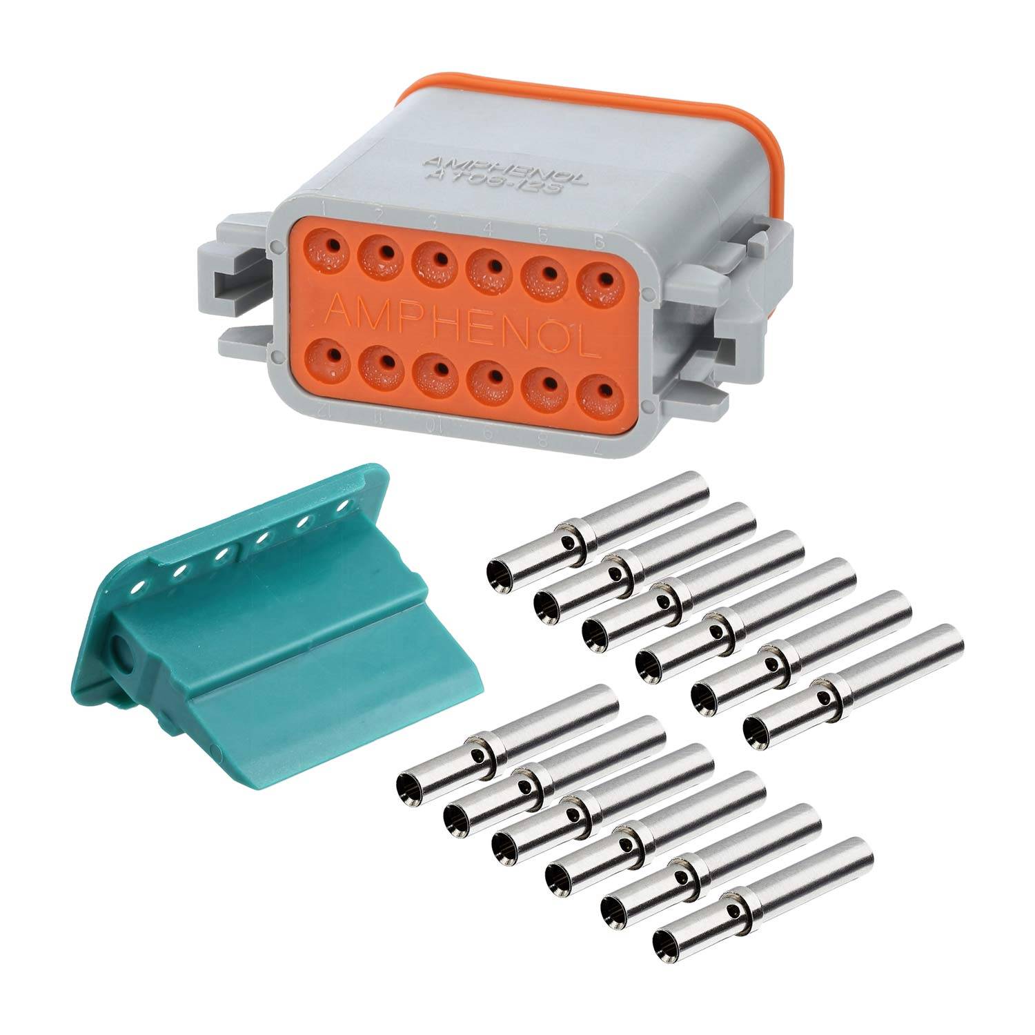 Zwölf-polige Anschlusskit mit orangefarbener und grauer Gehäusung, grüner Dichtungsplatte und metallischen Kontaktstiften, verwendet für elektrische Verbindungen in Fahrzeugen.
