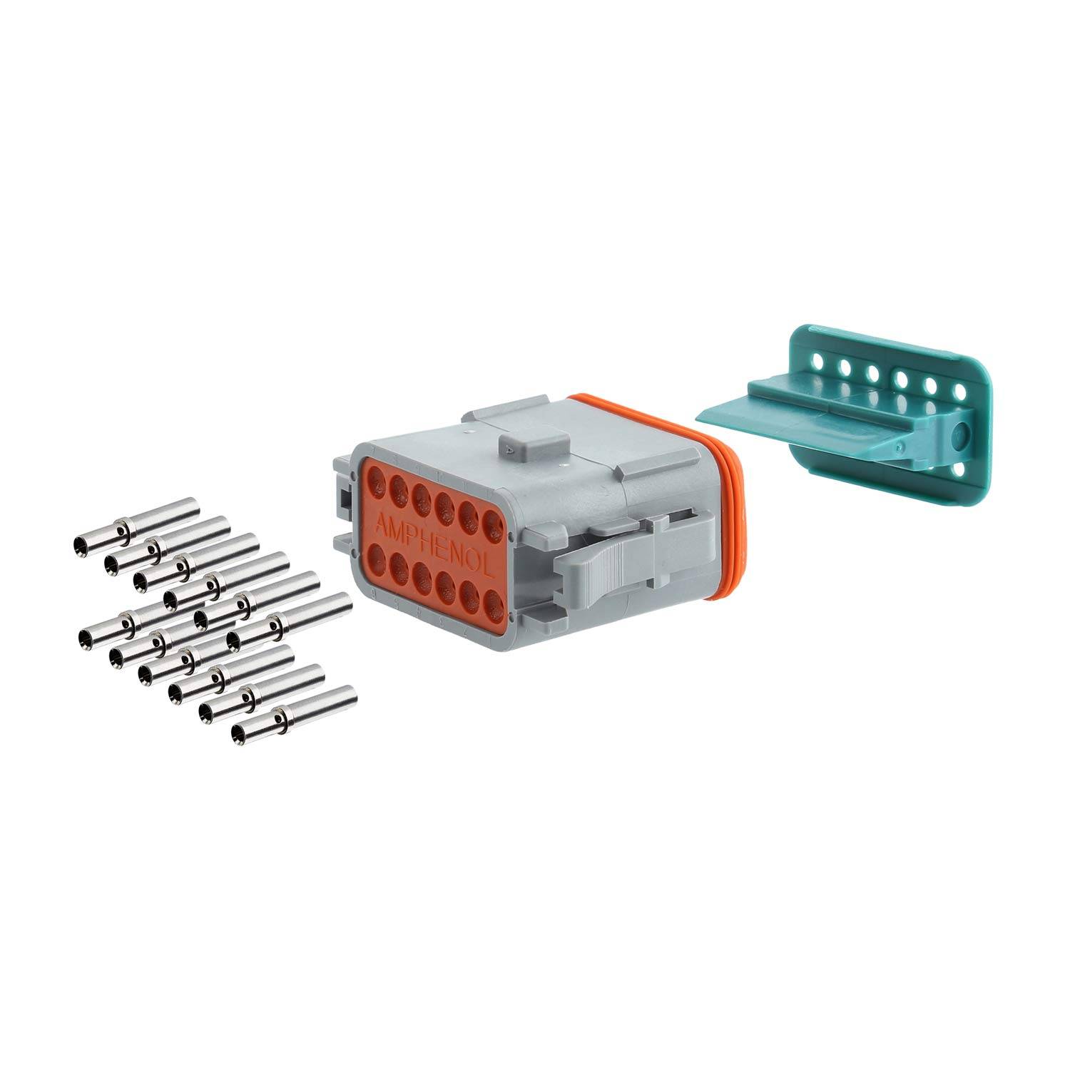 Grauer und orangefarbener elektrischer Verbinder mit mehreren Metallkontakten und einem türkisfarbenen Verschließmechanismus, verwendet für sichere elektrische Verbindungen.