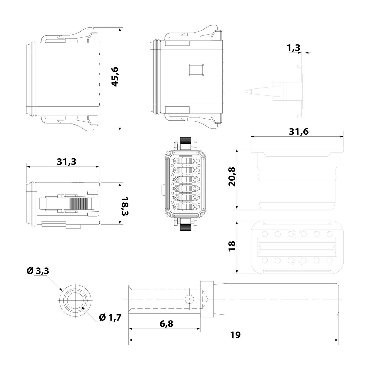 Technische Zeichnung mit Abmessungen eines Anschlusses: Frontansicht 45,6 mm x 31,3 mm, Seitenansicht 31,6 mm Länge. Enthält kreisförmige Durchmesserdetails von Ø1,7 und Ø3,3.