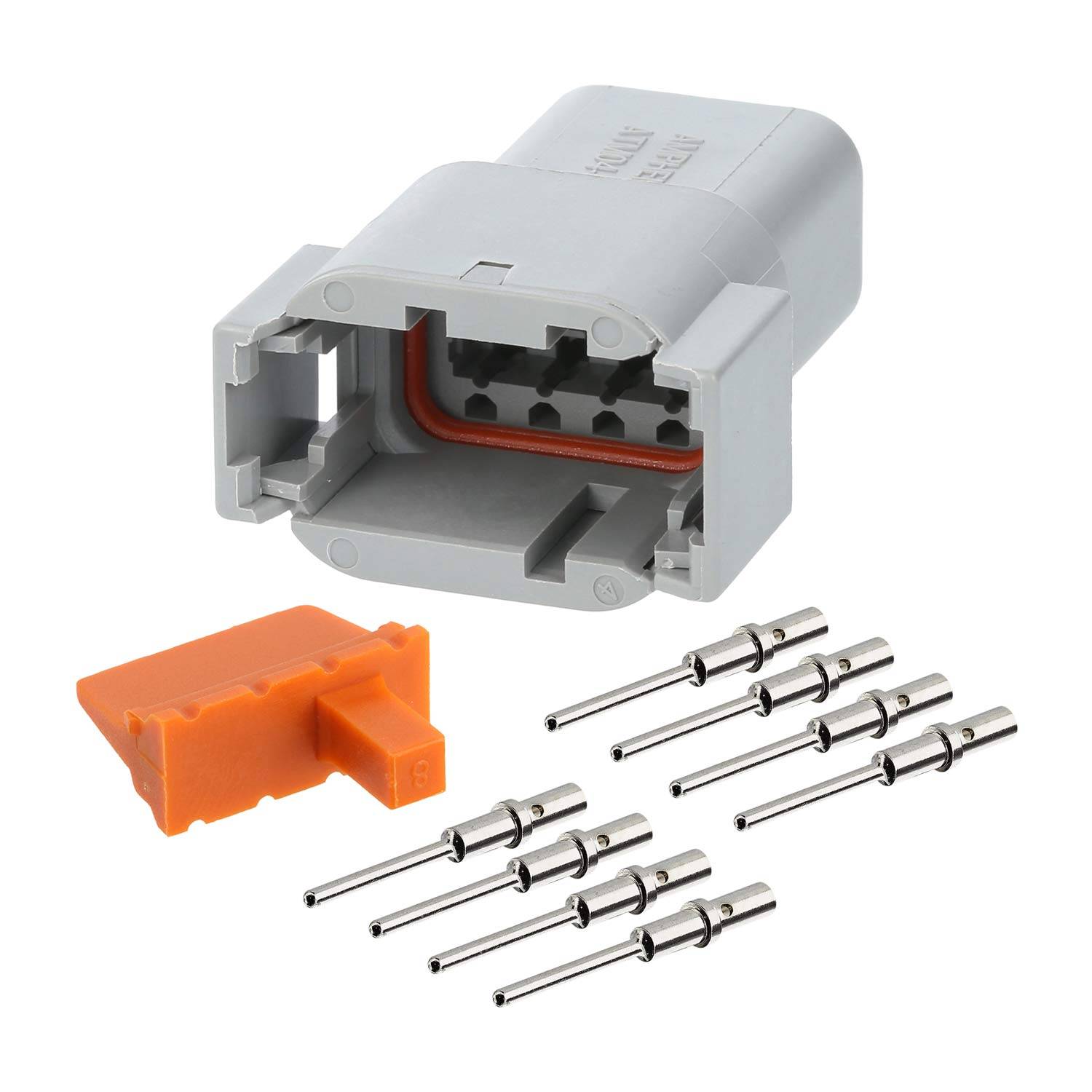 Ein grauer Automotive-Elektroanschluss und acht Metallstifte werden gezeigt, mit einem orangefarbenen Dichtungsstecker für sichere Verbindungen.