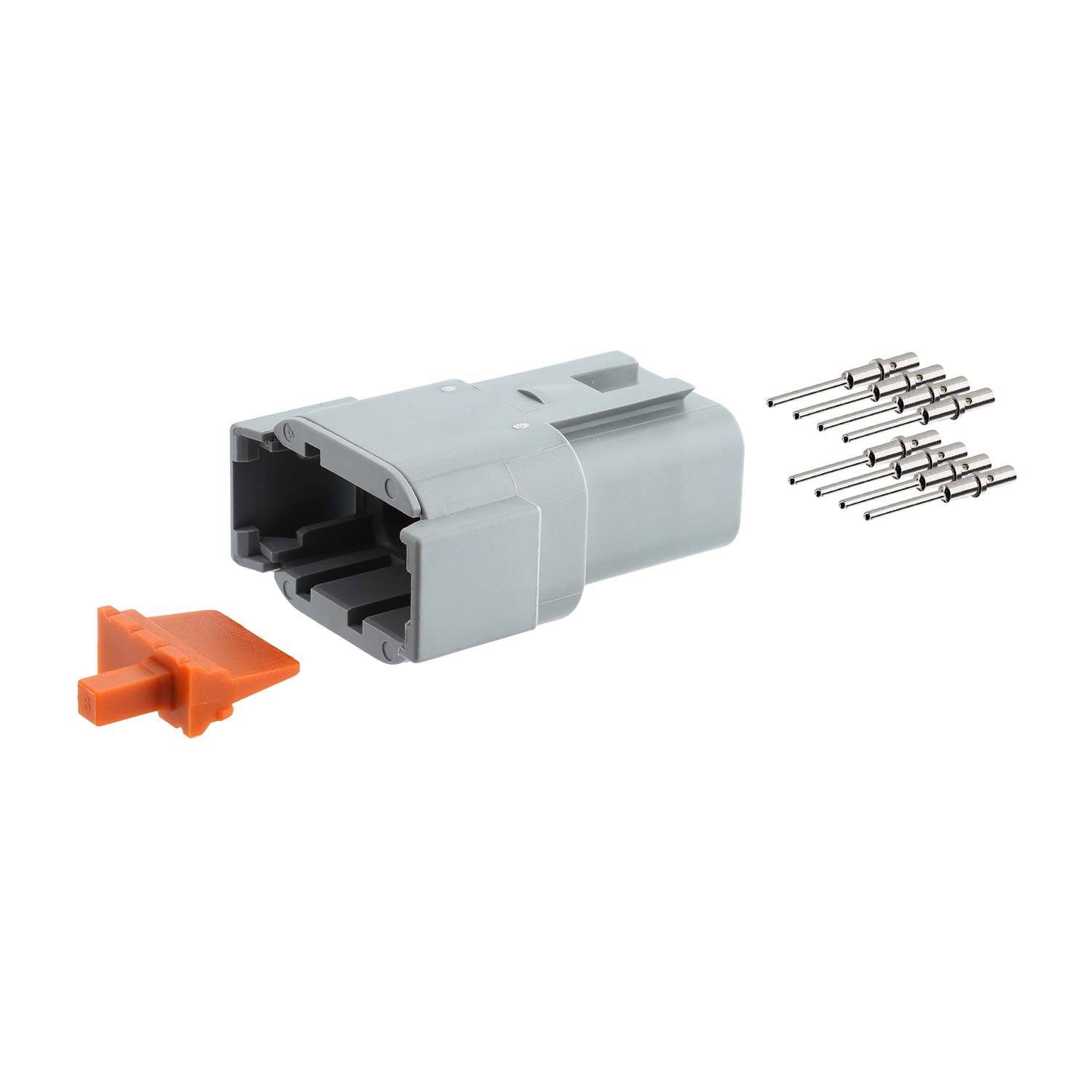 Grauer elektrischer Stecker mit orangefarbener Verriegelungslasche und mehreren Metallkontakten, verwendet für sichere elektrische Verbindungen in Verdrahtungssystemen.