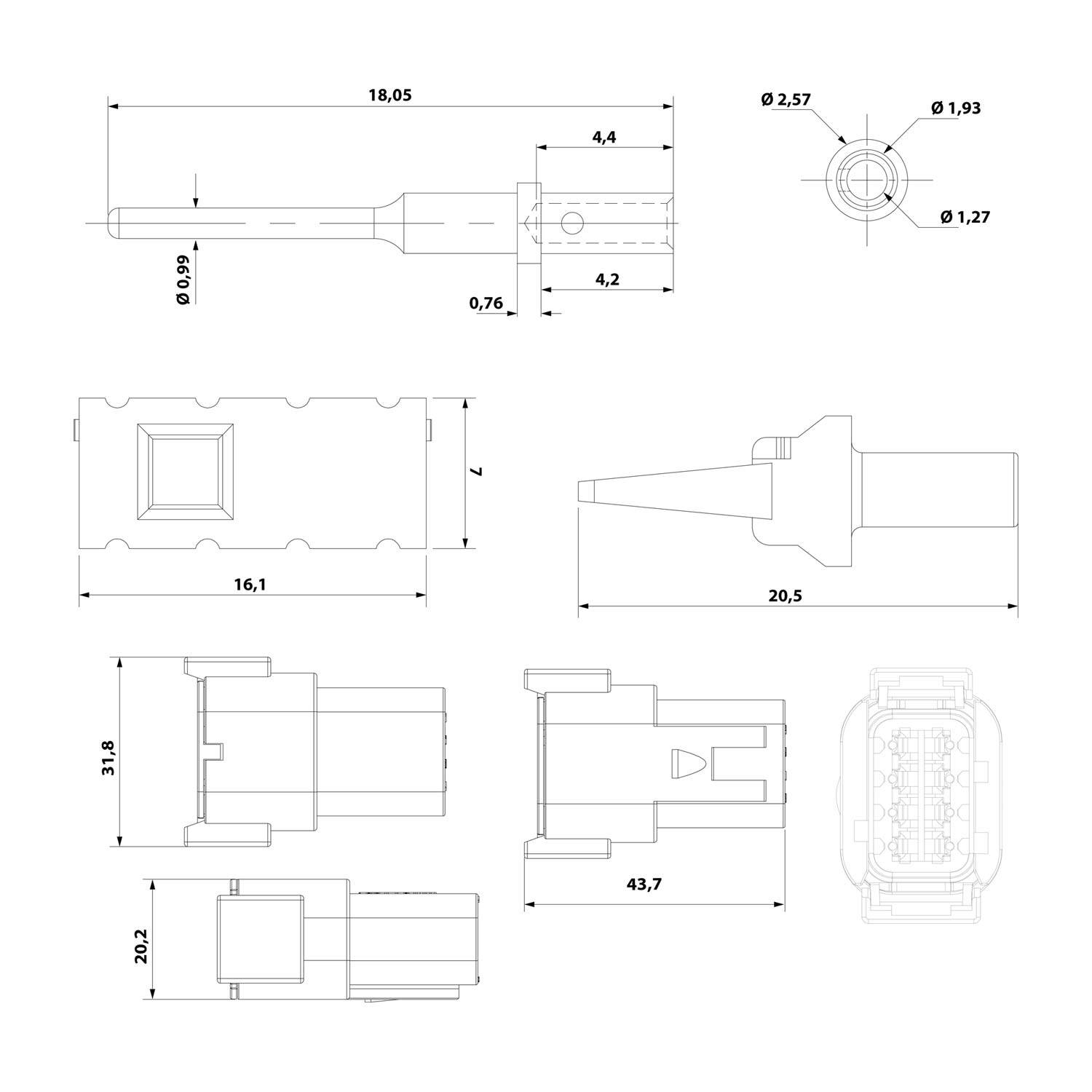 Diagramm der Anschlussabmessungen: Links oben sind Pin-Länge und -Breite dargestellt; rechts oben sind die Abmessungen des runden Endes detailliert; der untere Abschnitt zeigt die Maße des Anschlussgehäuses.