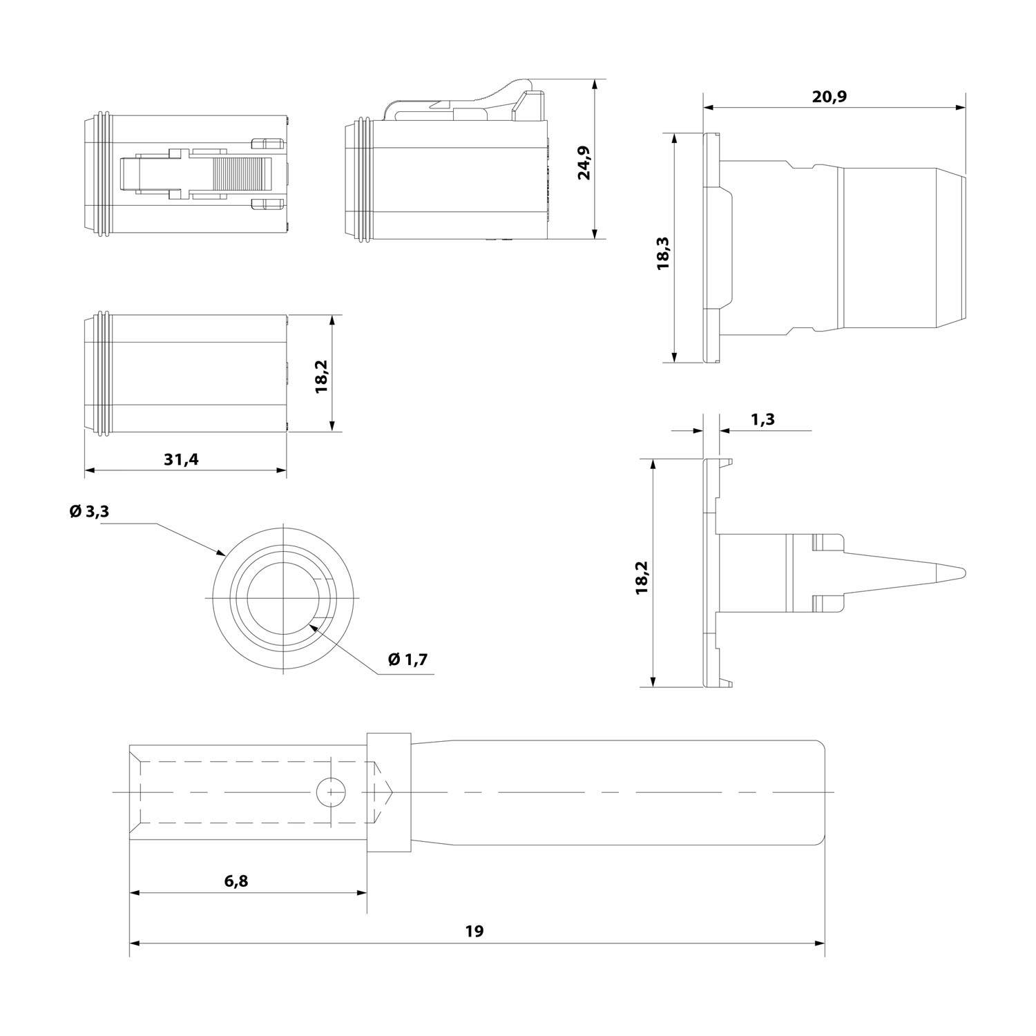 Technische Zeichnung einer zylindrischen Komponente mit mehreren Ansichten und Abmessungen in Millimetern. Wichtige Messungen umfassen Längen, Durchmesser und ausgewählte Schnittabmessungen.