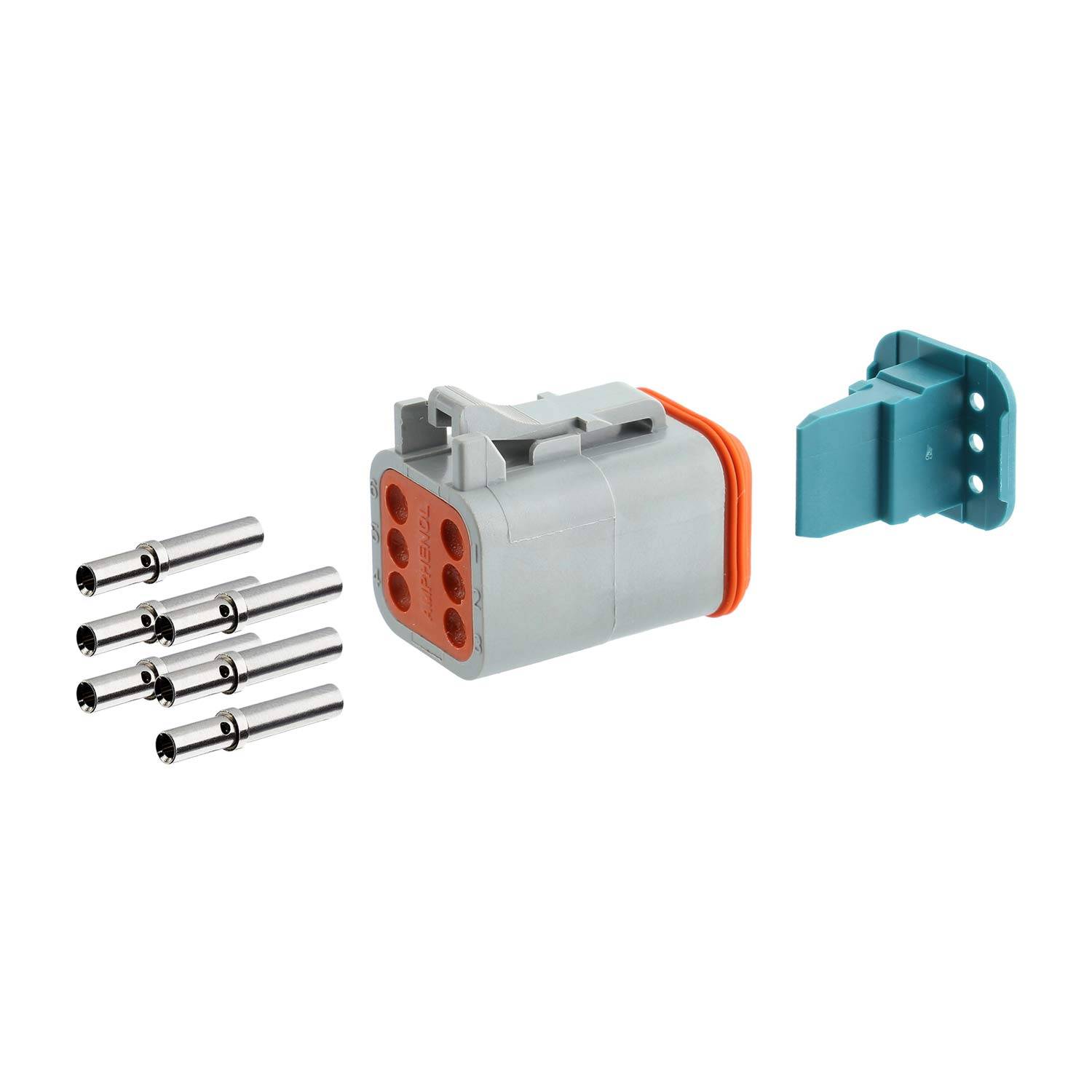 Ein grauer elektrischer Anschluss mit blauem Verriegelungsclip und sechs Metallkontakten, geeignet für automotive oder industrielle Anwendungen.