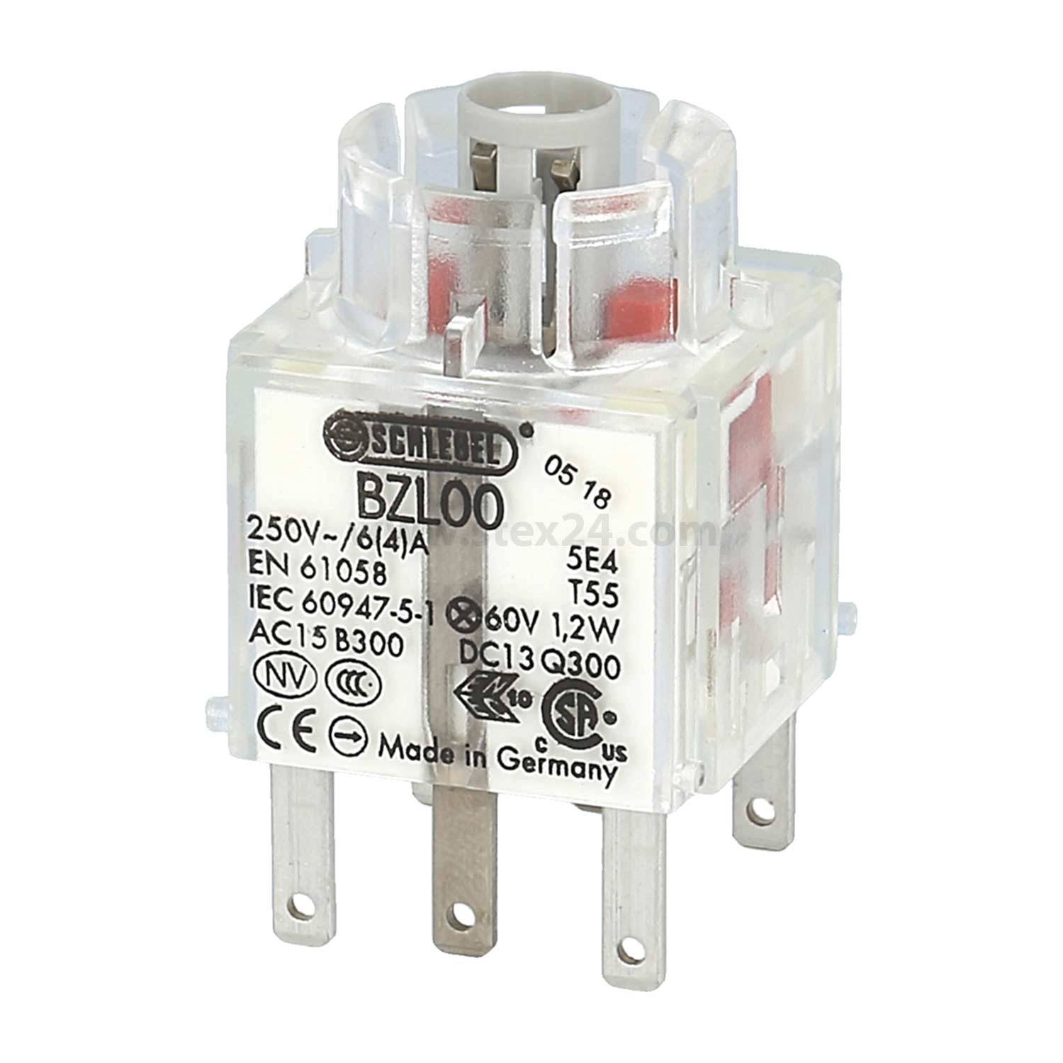 Ein weißer und transparenter 250V elektrischer Relaisschalter mit mehreren Pins und beschriftet mit technischen Spezifikationen.