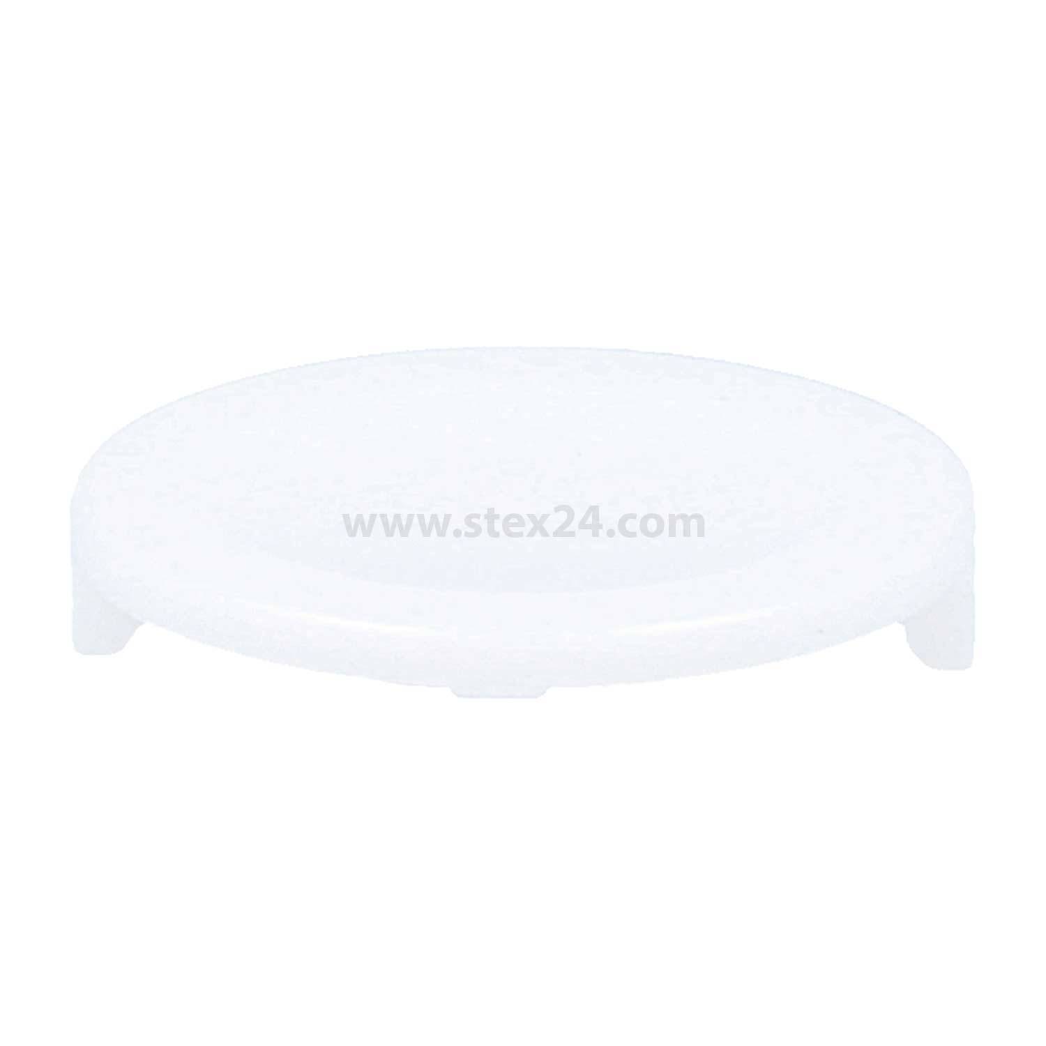 Ein rundes, weißes Plastikdeckel, von oben betrachtet, mit einem leichten Schatten darunter, auf dem die Webseiten-Adresse 