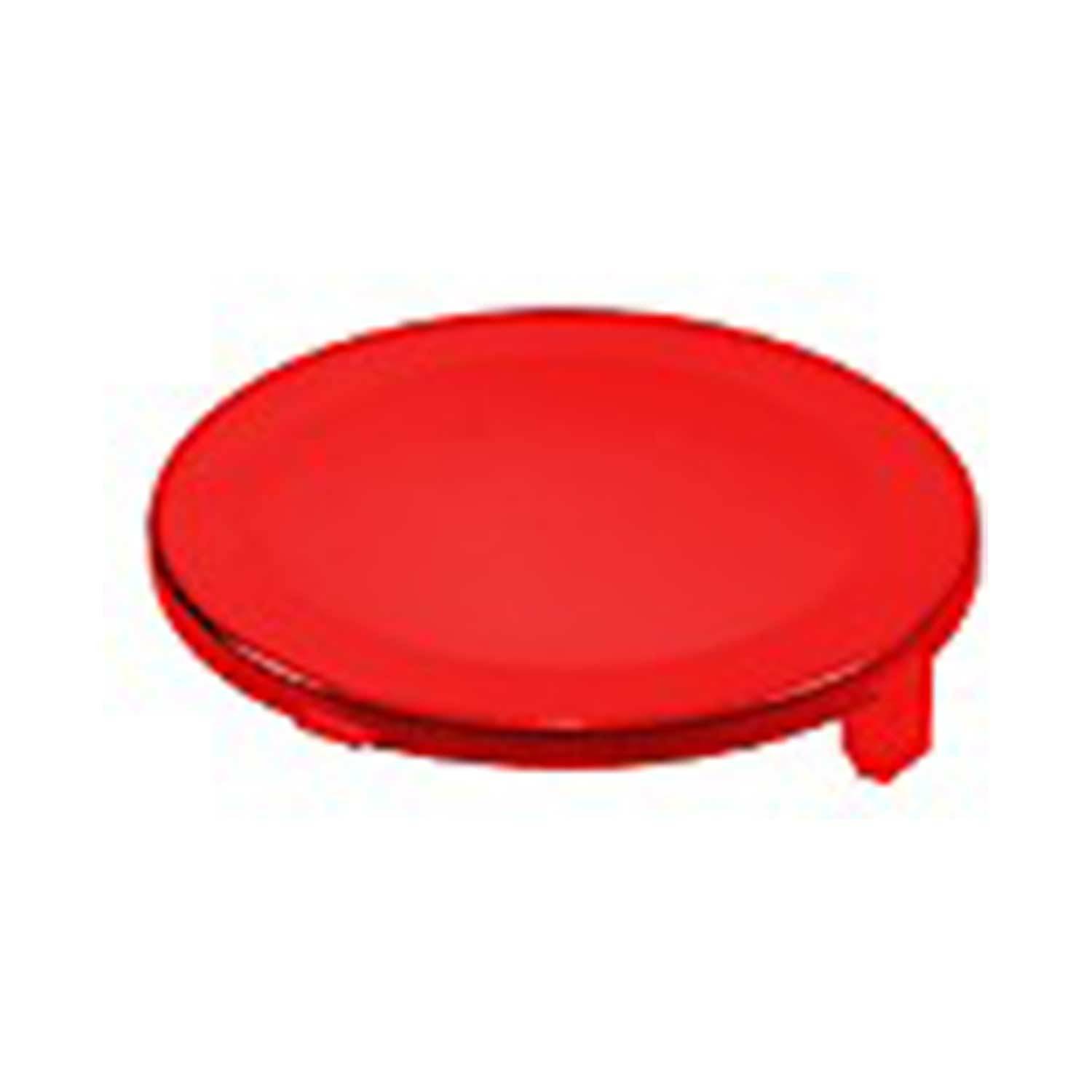 Ein roter, runder Tisch mit einem einzelnen Bein, das seitlich positioniert ist.