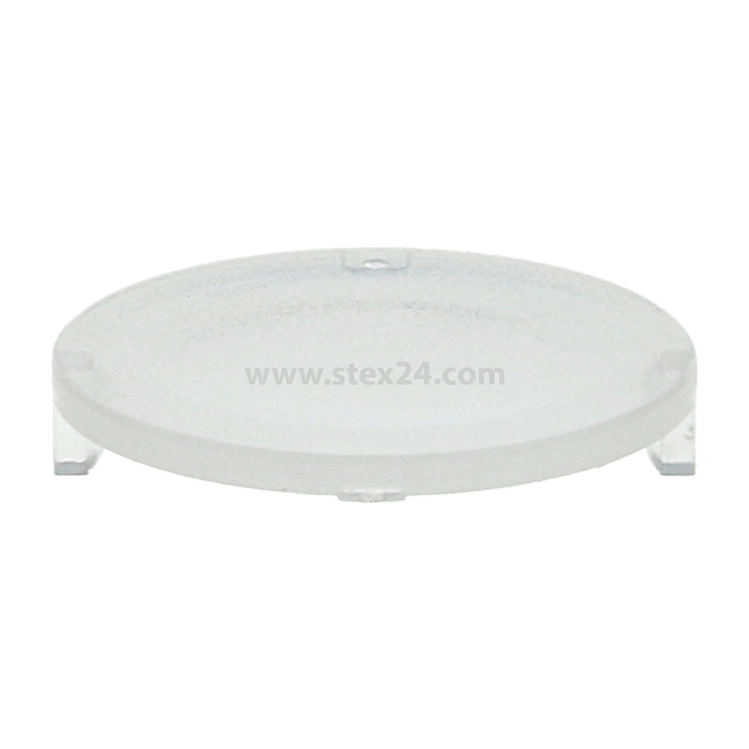 Durchsichtiger runder Plastikdeckel auf einer weißen Oberfläche.