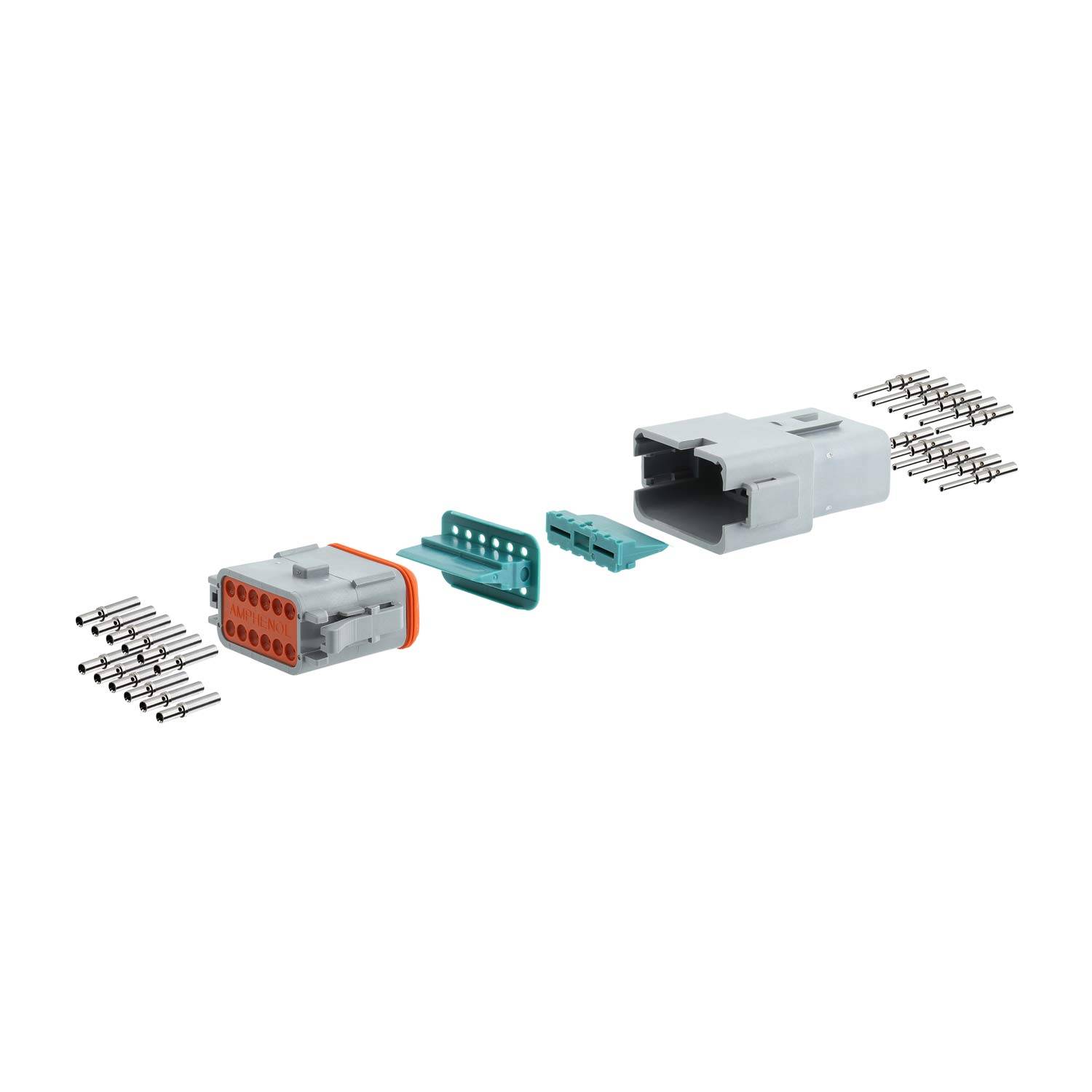 Eine Explosionsdarstellung eines mehrpoligen elektrischen Steckverbinders, die seine internen Komponenten wie Stifte, Dichtungen und Gehäuse in der Montageanordnung zeigt.