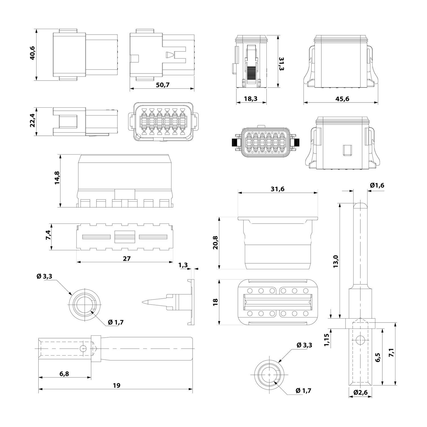 Technische Zeichnung eines Verbindungssystems mit mehreren Ansichten, einschließlich Draufsicht, Seitenansicht und isometrischer Darstellung. Abmessungen in Millimetern sind beschriftet.