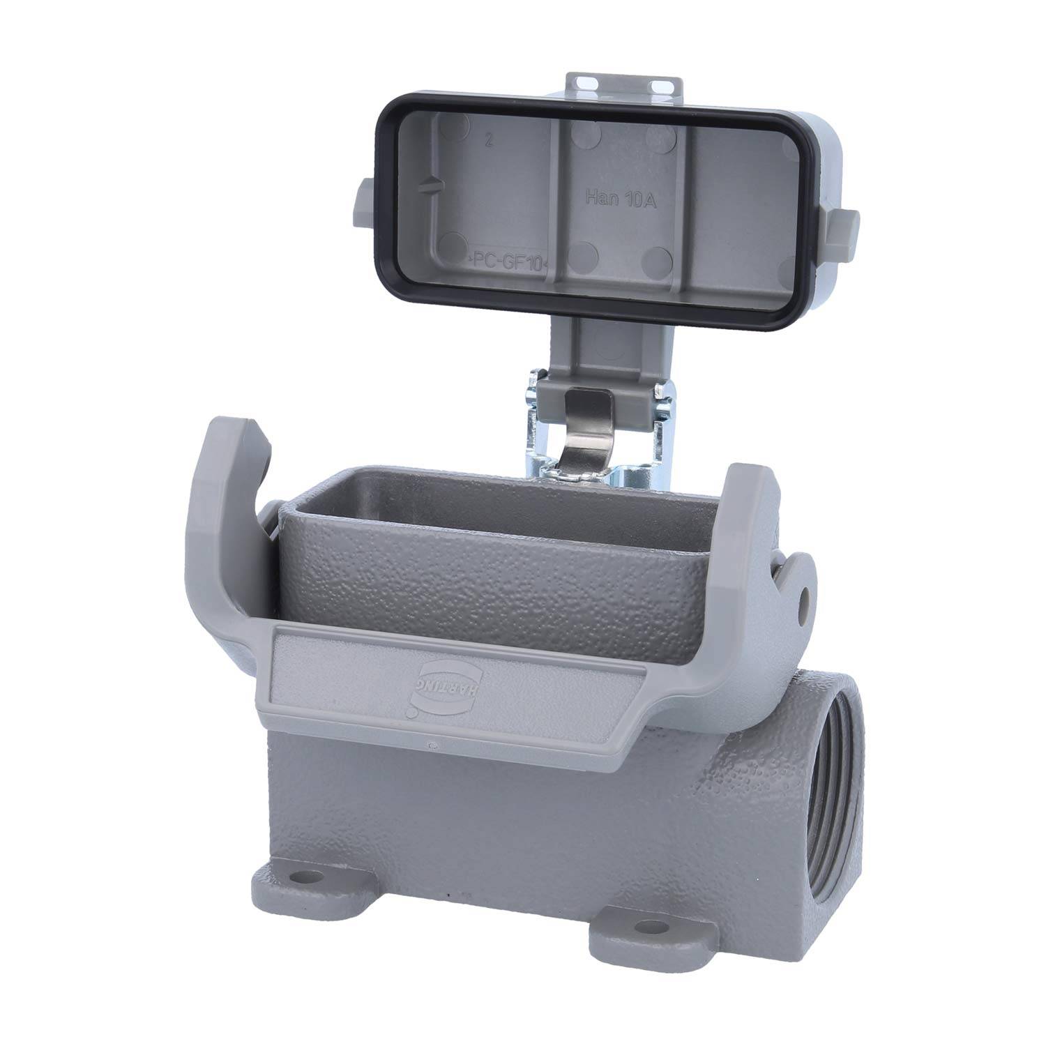 Ein grau-industrielles Anschlussgehäuse mit rechteckiger Form und einem klappbaren Deckel, geeignet für sichere elektrische Verbindungen.