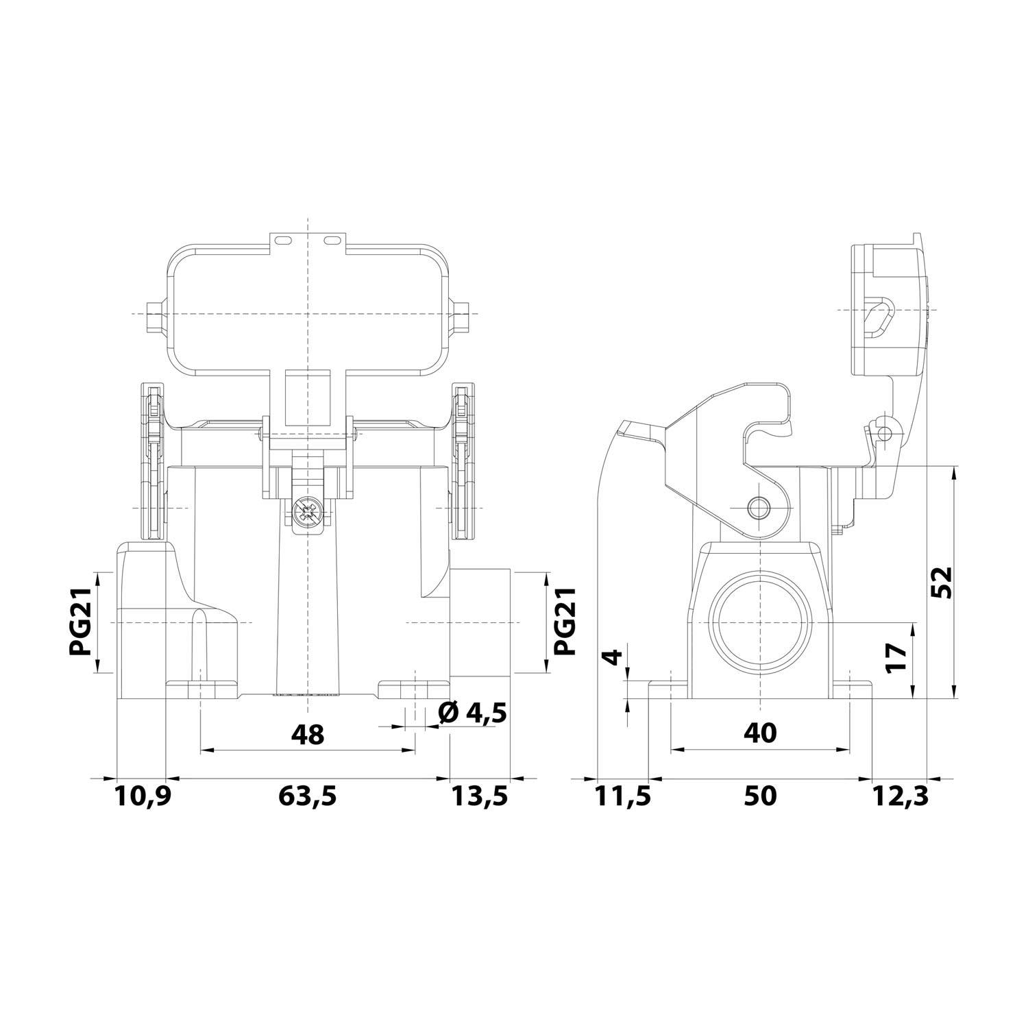 Technische Zeichnung einer mechanischen Komponente mit in Millimetern beschrifteten Abmessungen, die Vorder- und Seitenansicht zeigt.
