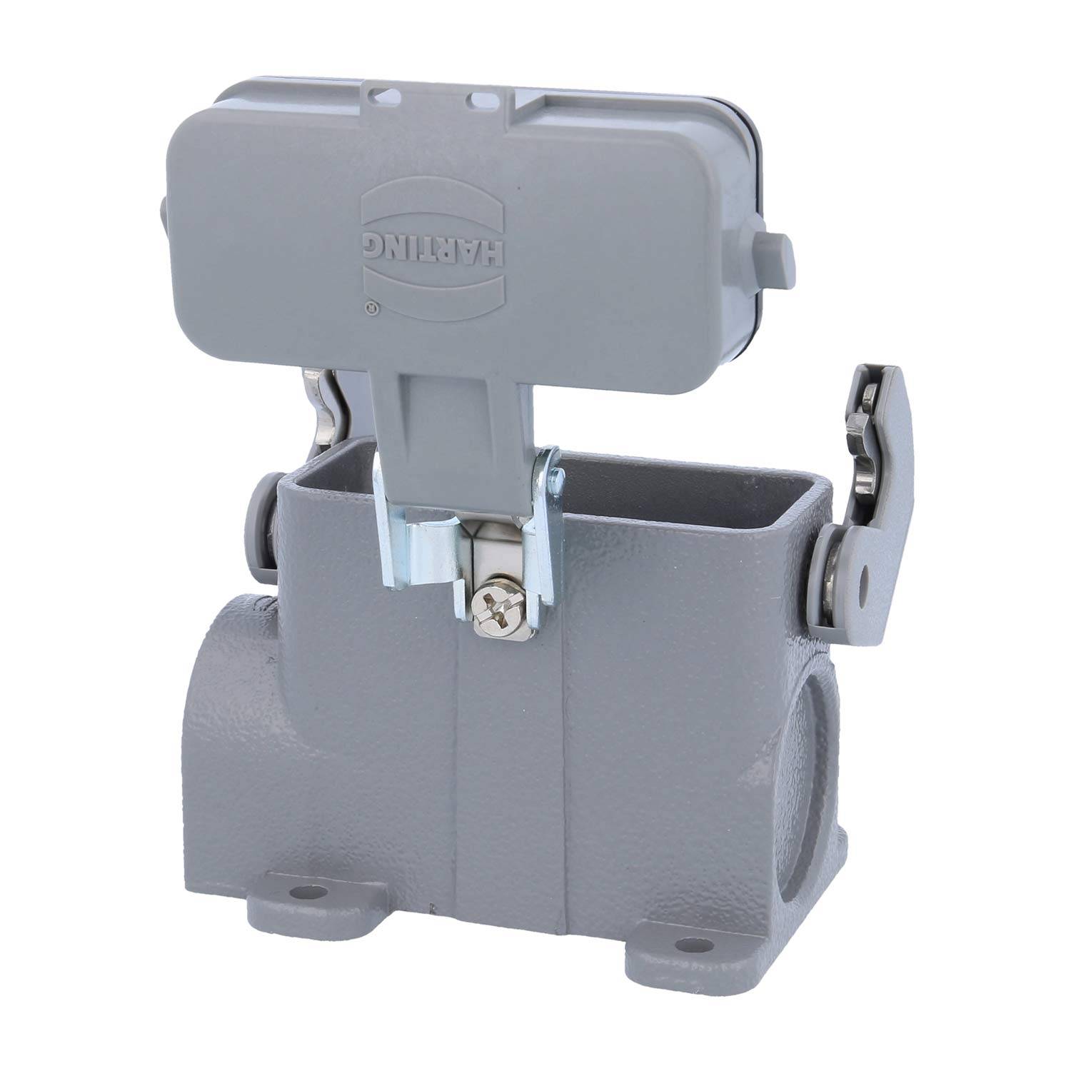 09200100299 HARTING Han 10A Sockelgehäuse niedrig, 1xPG21 seitlicher Kabelabgang, mit 1 Längsbügel mit Schutzkappe