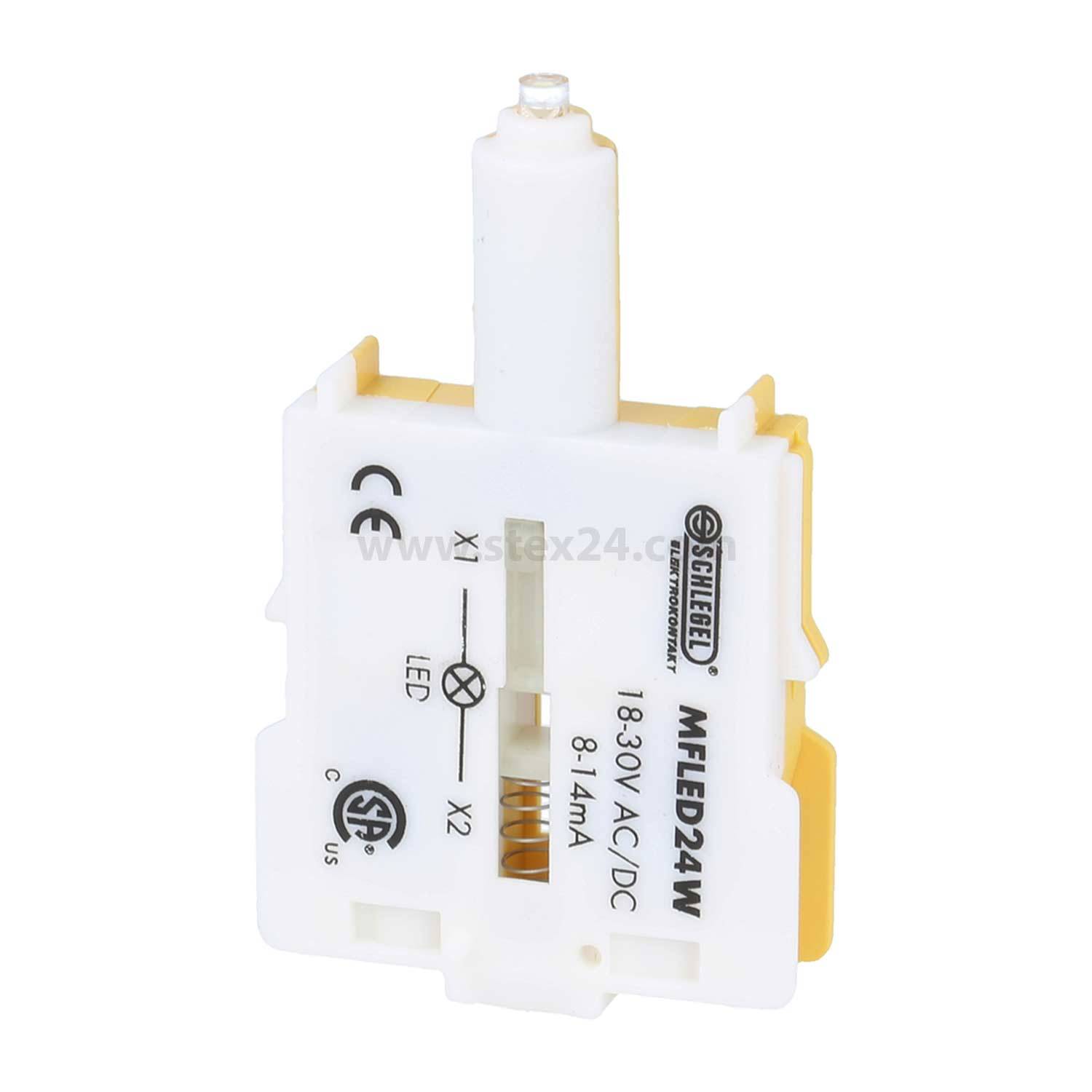 Nahaufnahme eines Schelle MILEED24W Transformators mit Zertifizierungsmarkierungen und Spannungsspezifikationen für 18-30V AC/DC und 81,4mA.