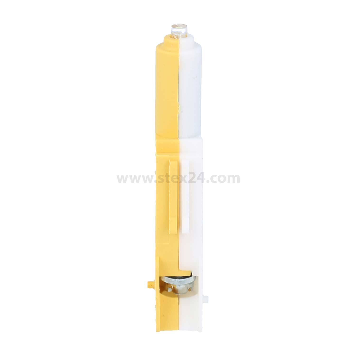 Ein gelb-weißes, stift-ähnliches Gerät mit sichtbaren Komponenten, vertikal stehend, möglicherweise Teil eines mechanischen oder medizinischen Instruments.