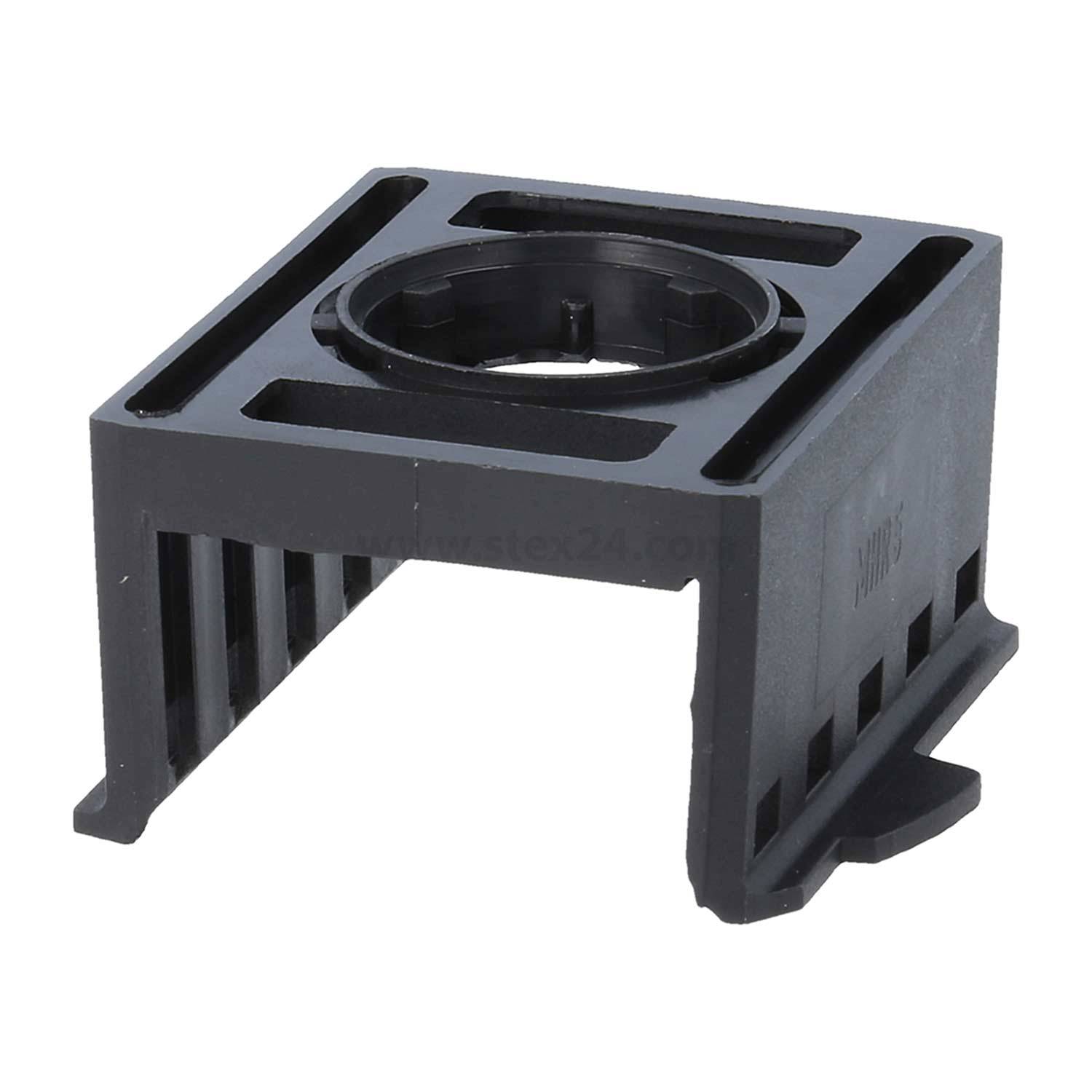 Schwarze Kunststoff-Halterung für ein Kameraobjektiv, mit quadratischen Öffnungen an den Seiten und einem kreisförmigen Halter in der Mitte.