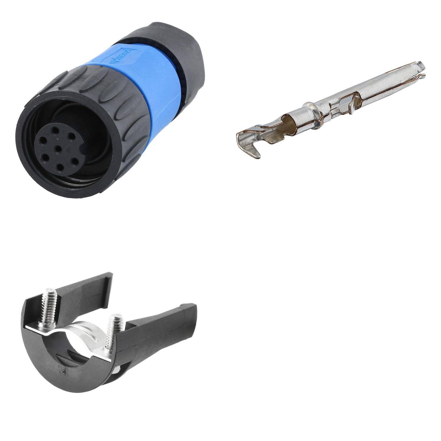 Ein Kabelstecker, ein Metallstift und ein Kabelabisolierungswerkzeug werden vor einem weißen Hintergrund dargestellt. Jedes Element ist getrennt und deutlich erkennbar.