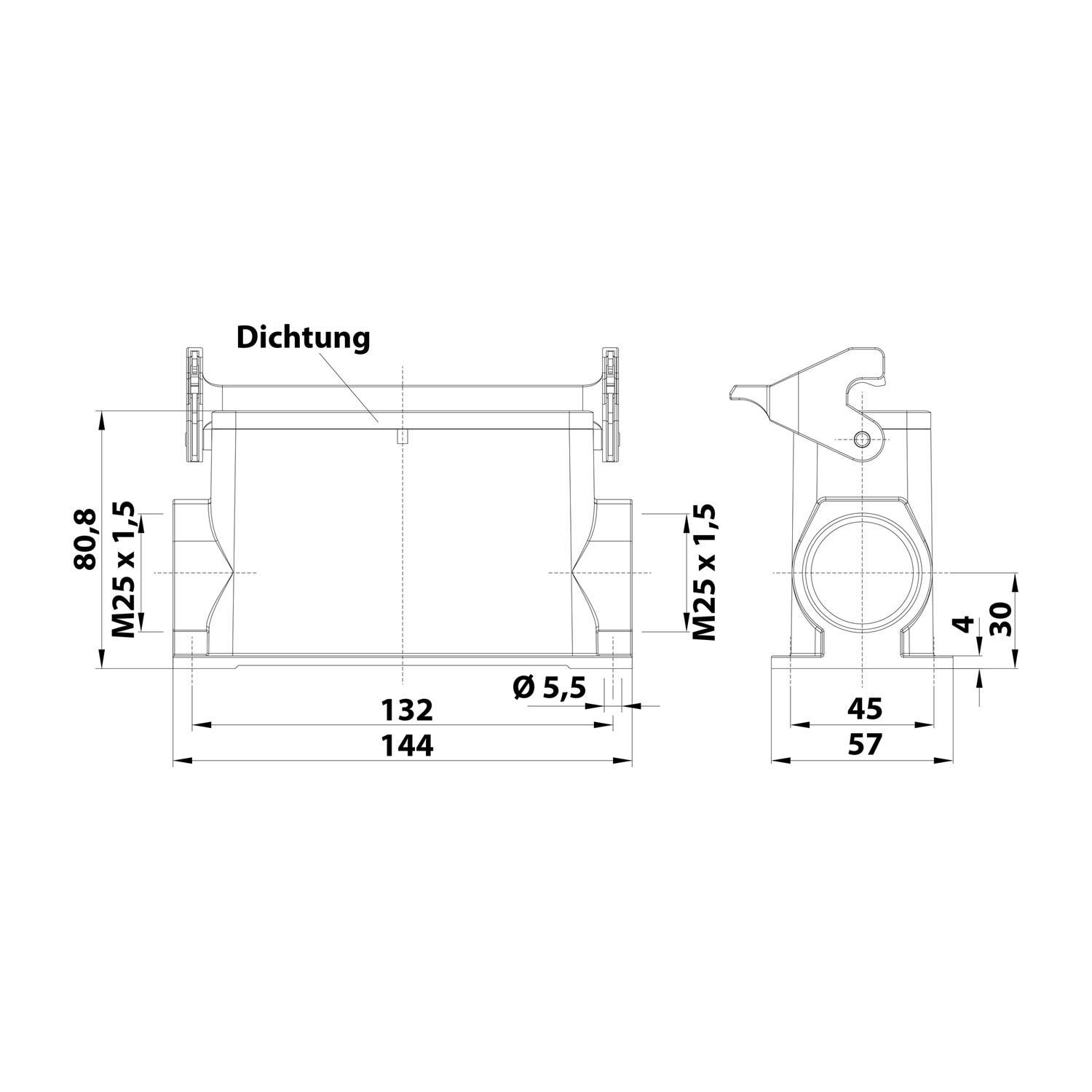 Technische Zeichnung eines Rohranschlusses mit Abmessungen: Länge 144 mm, Durchmesser 132 mm, Höhe 80,8 mm, seitliche Öffnung 57 mm breit.