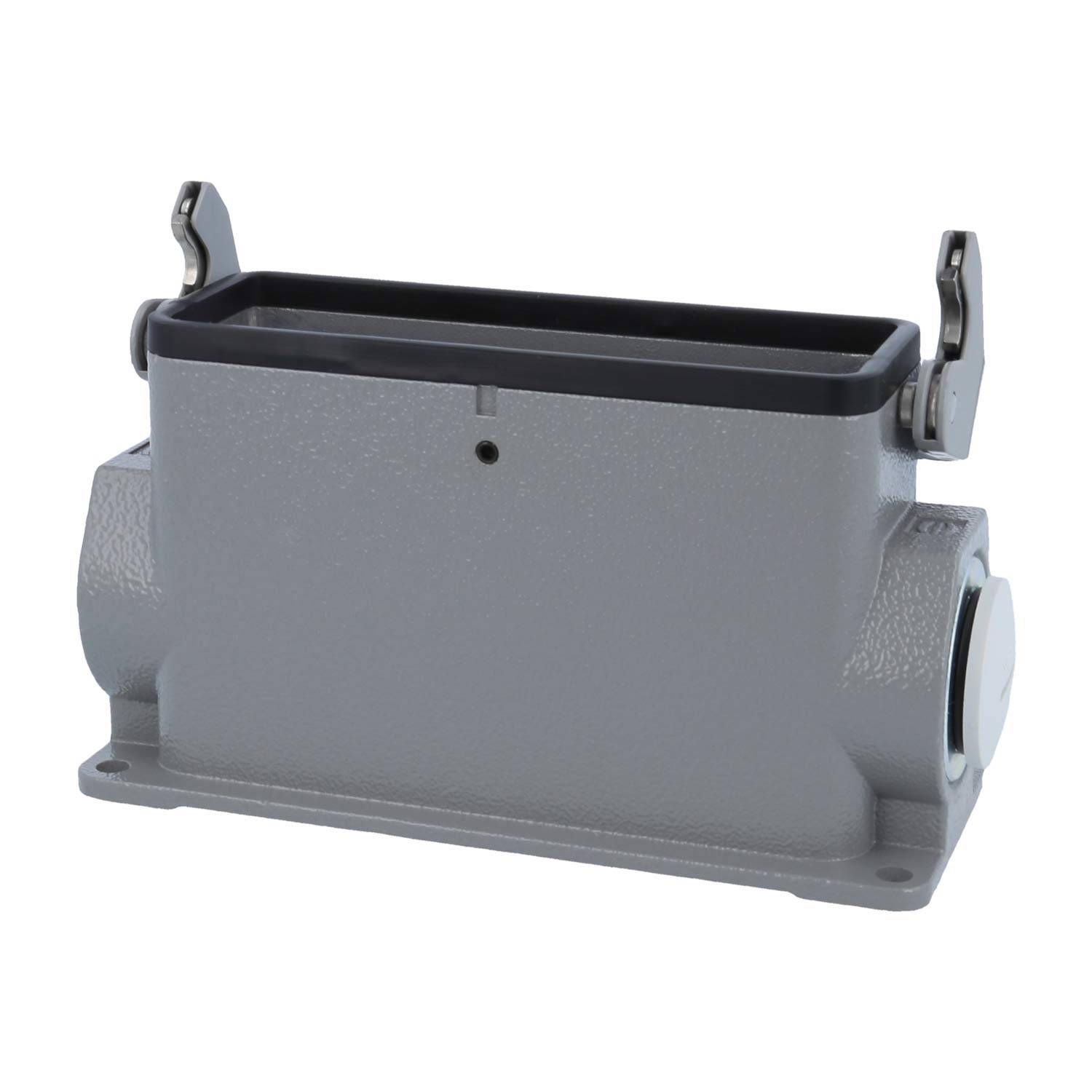 Rechteckiges graues Metallgehäuse mit zwei Verschlüssen an der Oberseite, ausgelegt für elektrische Anschlüsse.