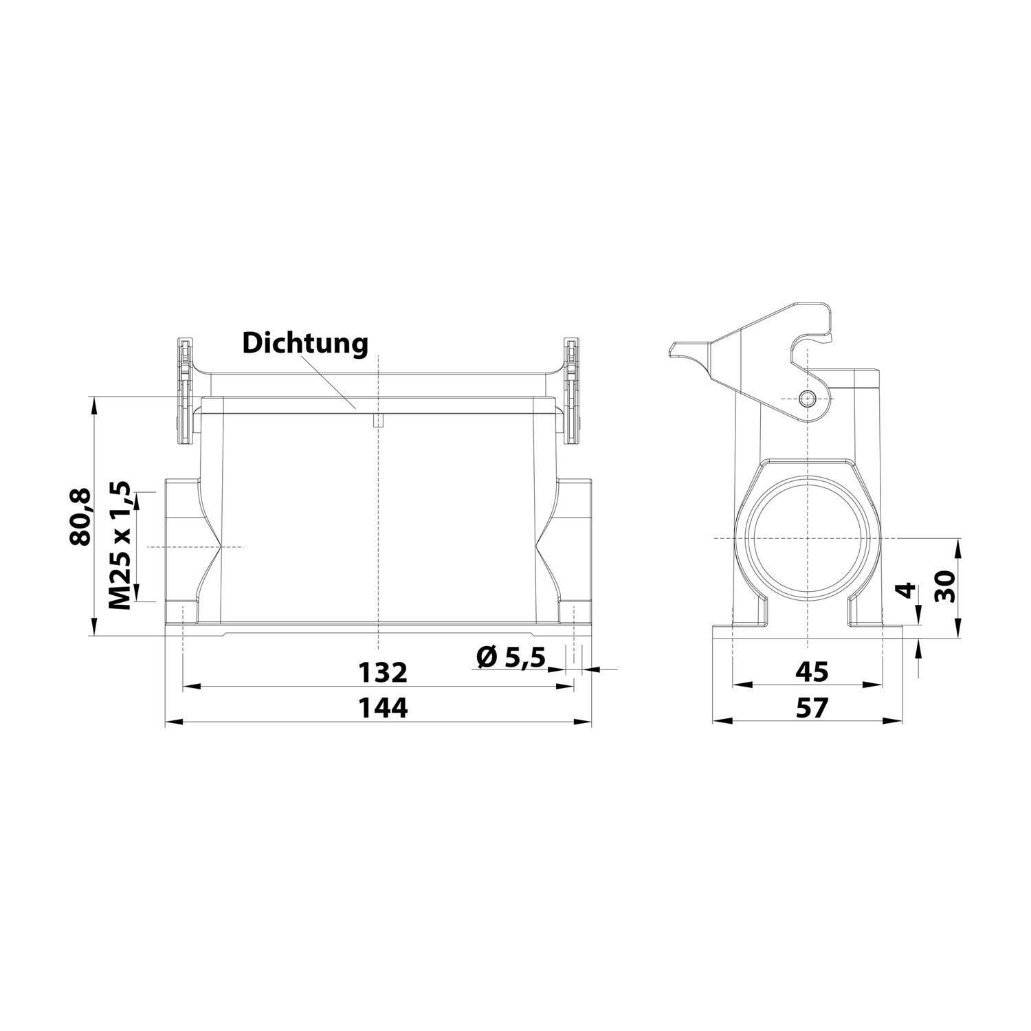 Eine technische Zeichnung eines mechanischen Bauteils mit in Millimetern beschrifteten Abmessungen, die eine Vorder- und Seitenansicht zeigt, einschließlich der mit 'Dichtung' beschrifteten Abschnitte.