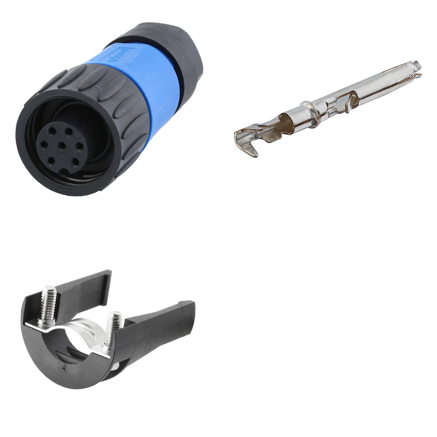 „Bild zeigt einen blauen und schwarzen Audio-Kabelanschluss, einen Metallstiftpin und ein schwarzes und silbernes Kabelabisolierungswerkzeug.