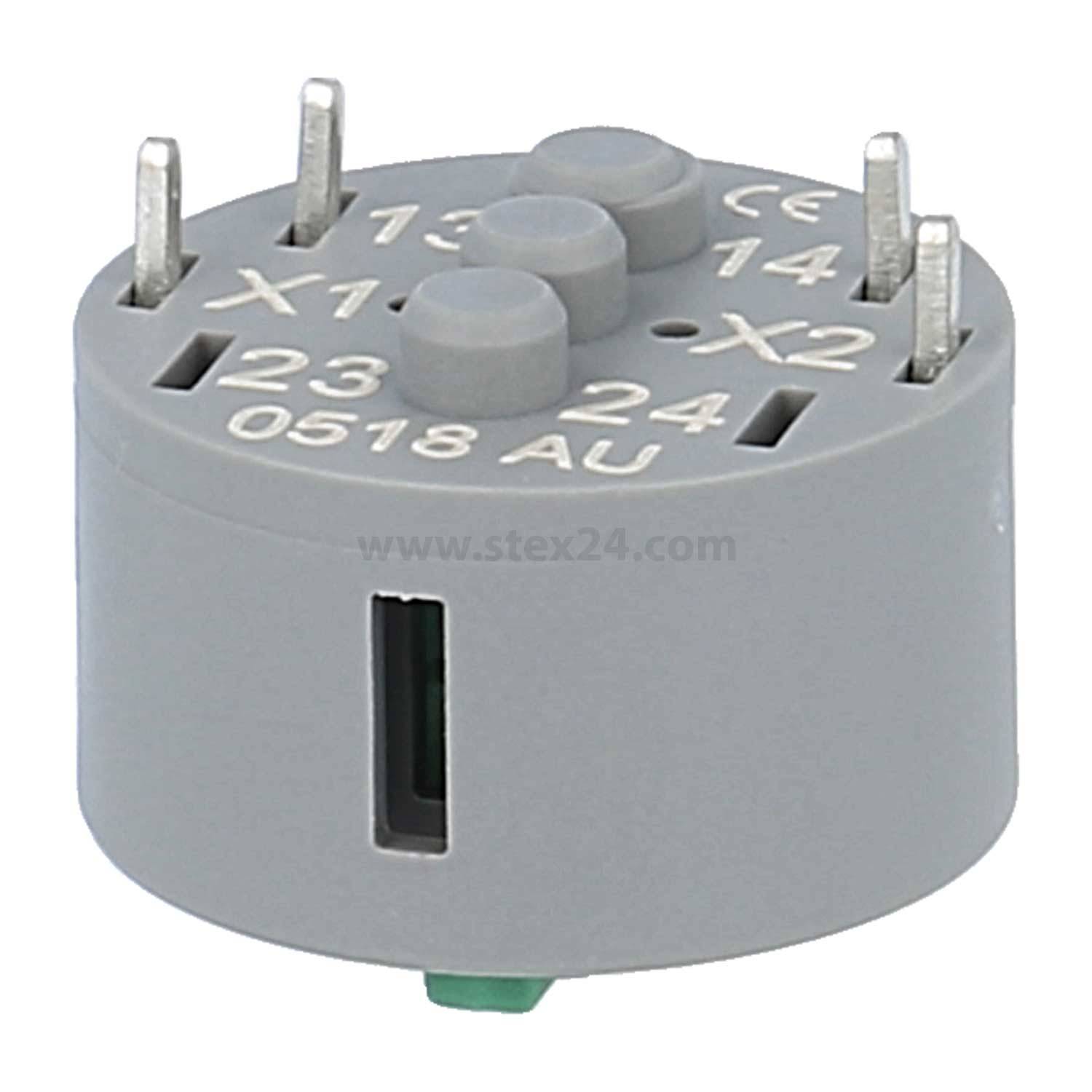 Ein grauer Sprechermodul mit Pins oben und Textmarkierungen: 13, 14, X1, 23, 24, X2, 0518 AU. Verwendet in elektronischen Geräten für Konnektivität.