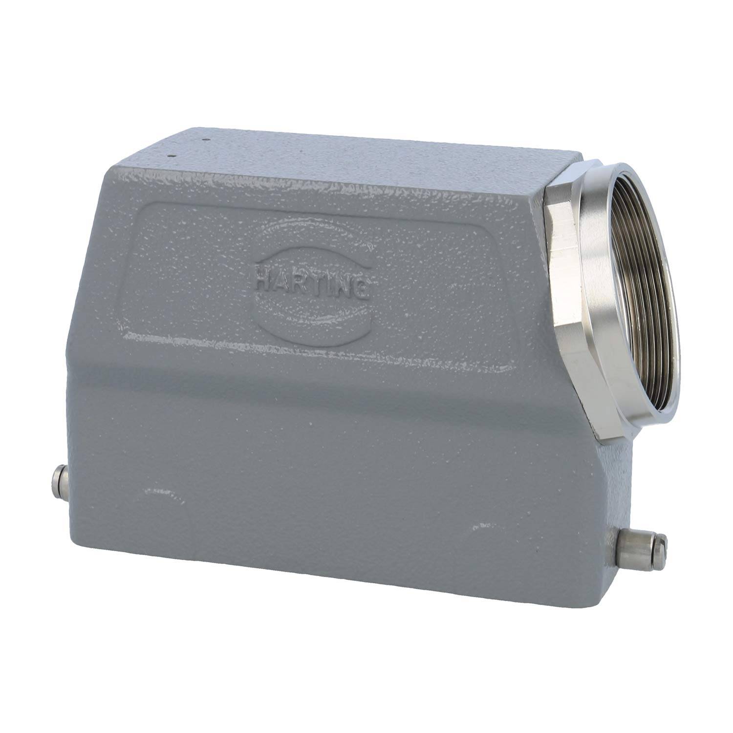 Ein grauer industrieller Anschlussgehäuse mit einer metalischen Gewindeöffnung an der Seite. Der Markenname ist in die Oberfläche eingeprägt.
