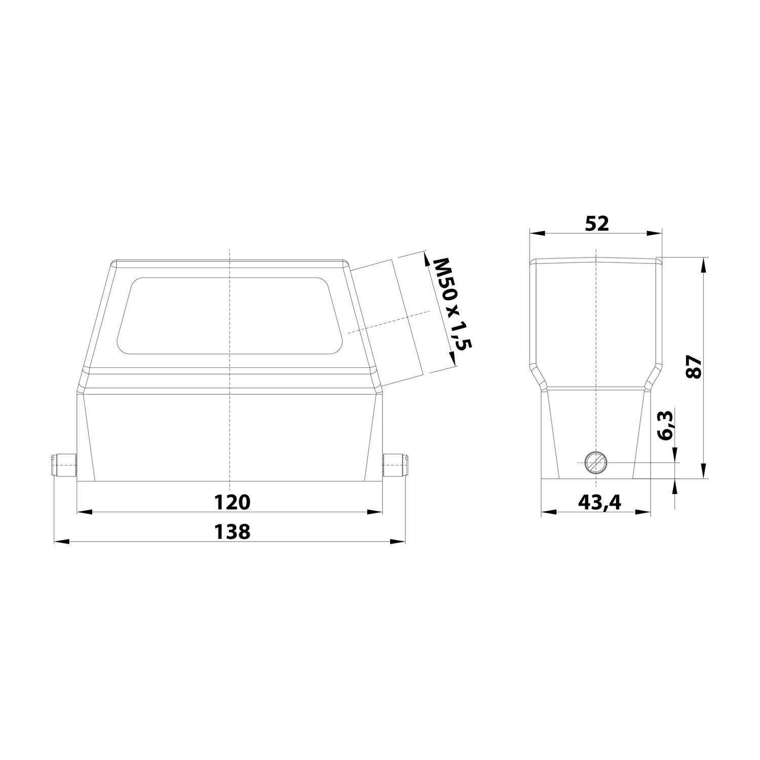 Technische Zeichnung einer kastenförmigen Komponente mit Abmessungen: Breite 138 mm, Tiefe 120 mm, Höhe 87 mm, Seitendetail 43,4 mm und 6,3 mm.