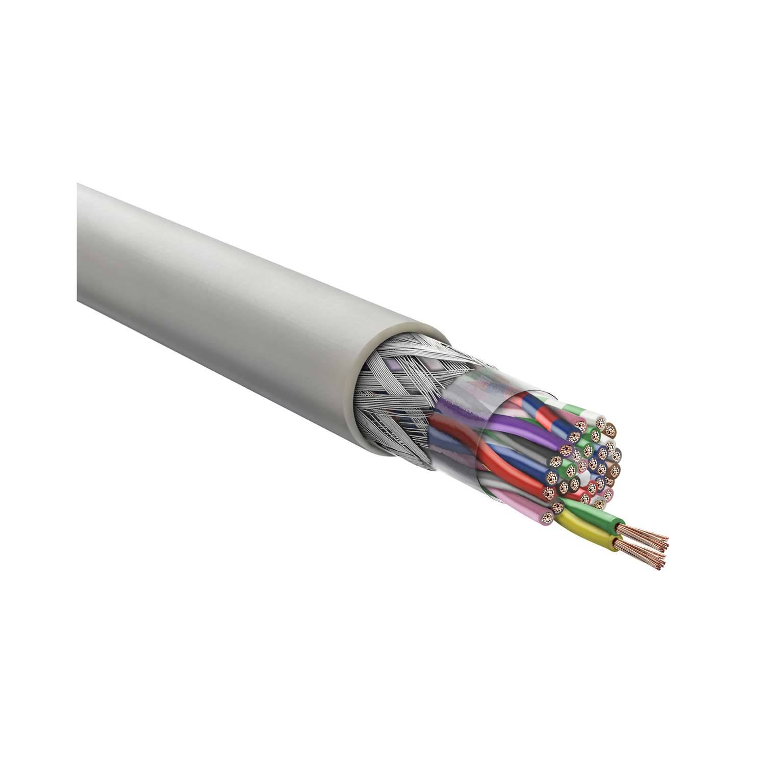 Ein Querschnitt eines Mehraderkabels, das verschiedene farbcodierte Drähte zeigt, die zusammengebündelt sind und aus einer Schutzummantelung heraustreten.