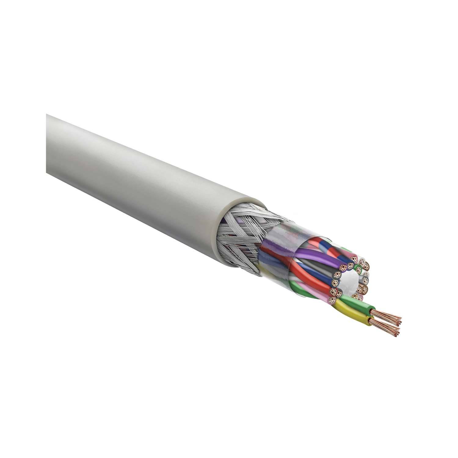 Querschnitt eines Mehrkabel-Kabels mit mehreren farbigen Drähten im Inneren, das für die elektrische Stromübertragung oder Datenübertragung verwendet wird.