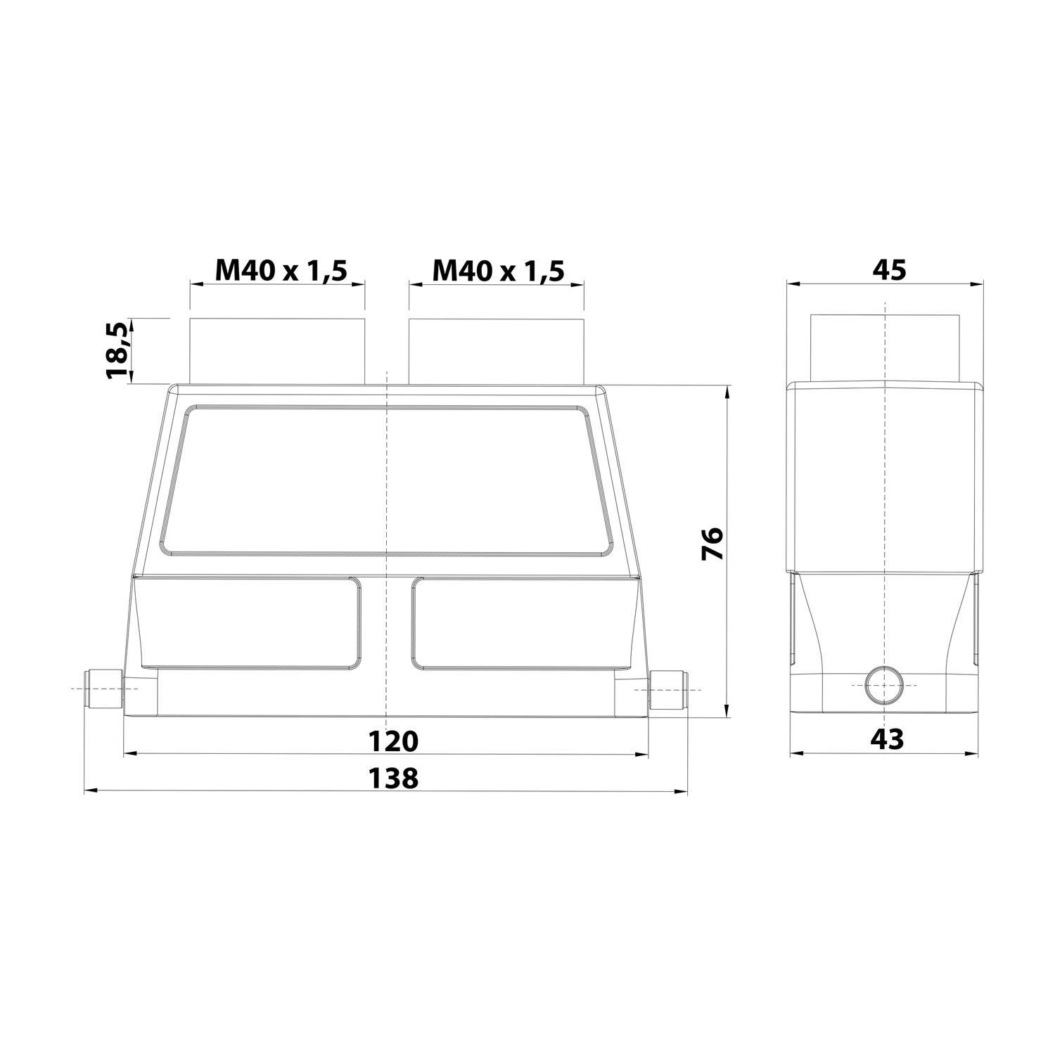 Technische Zeichnung einer mechanischen Komponente mit Vorder- und Seitenansicht. Abmessungen: 138x76 mm, Gewindegröße M40x1,5.